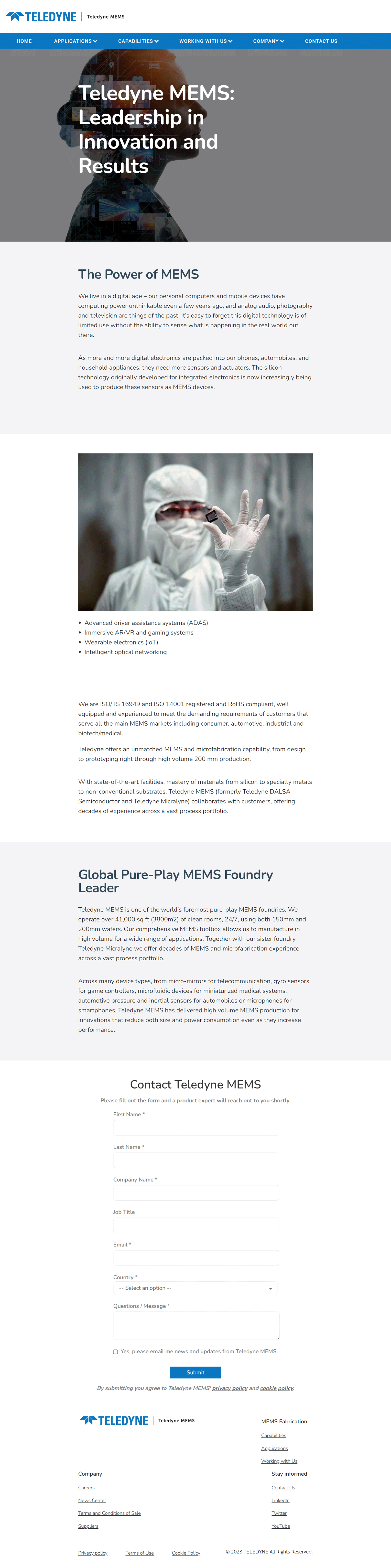 Webpage for Teledyne MEMS with a header image of a digital illustration of a child's profile with a brain in network graphics. The page title is "Teledyne MEMS: Leadership in Innovation and Results". Below, there is text about the company and its MEM