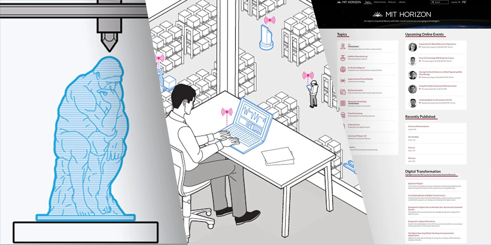 Illustration of a person working at a desk with a laptop, inside a modern data center with servers and Wi-Fi signals, with a statue of a thinker in the foreground.