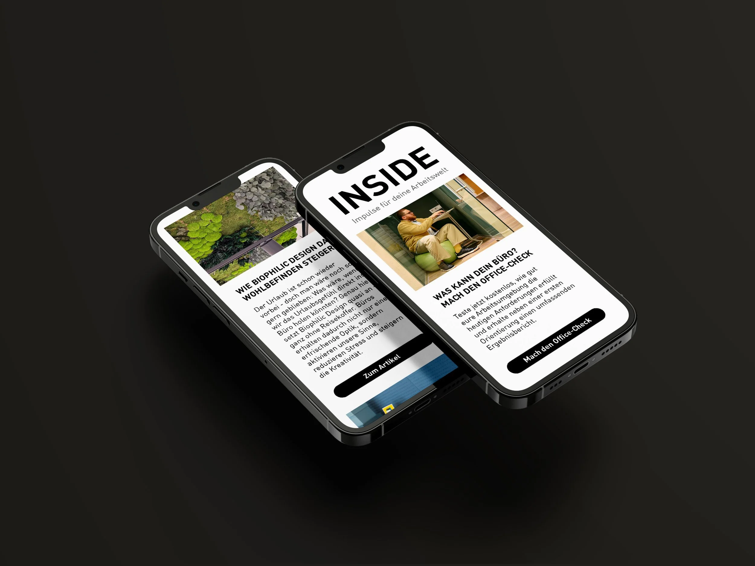 Zwei Smartphones liegen auf einem schwarzen Hintergrund. Auschnitte aus Newsletter Inside - Impulse für deine Arbeitswelt von Witzig The Office Company.