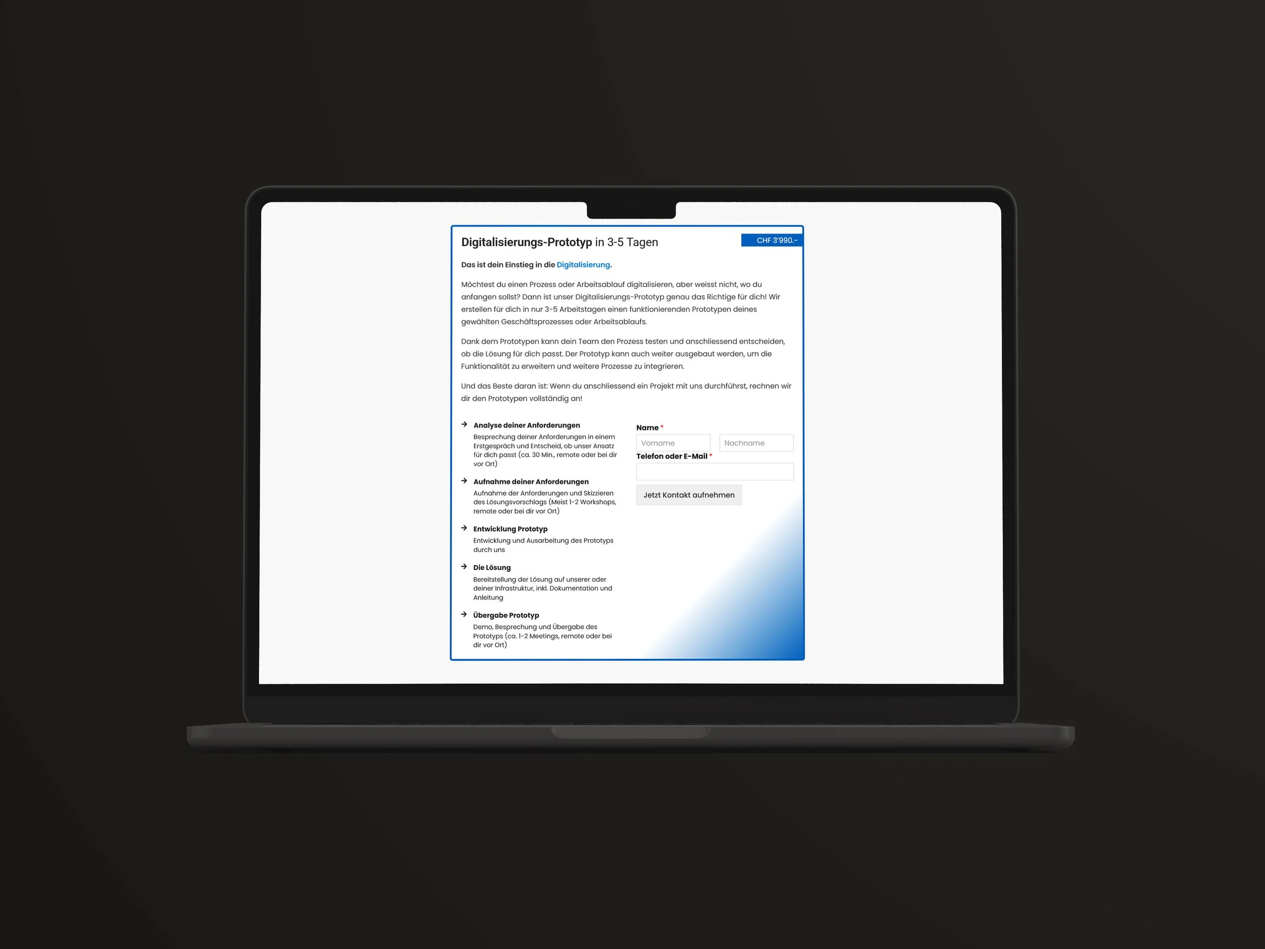 Laptopbildschirm zeigt ein Dokument mit dem Titel "Digitalisierungs-Prototyp" auf Deutsch, in einem dunklen Umfeld.