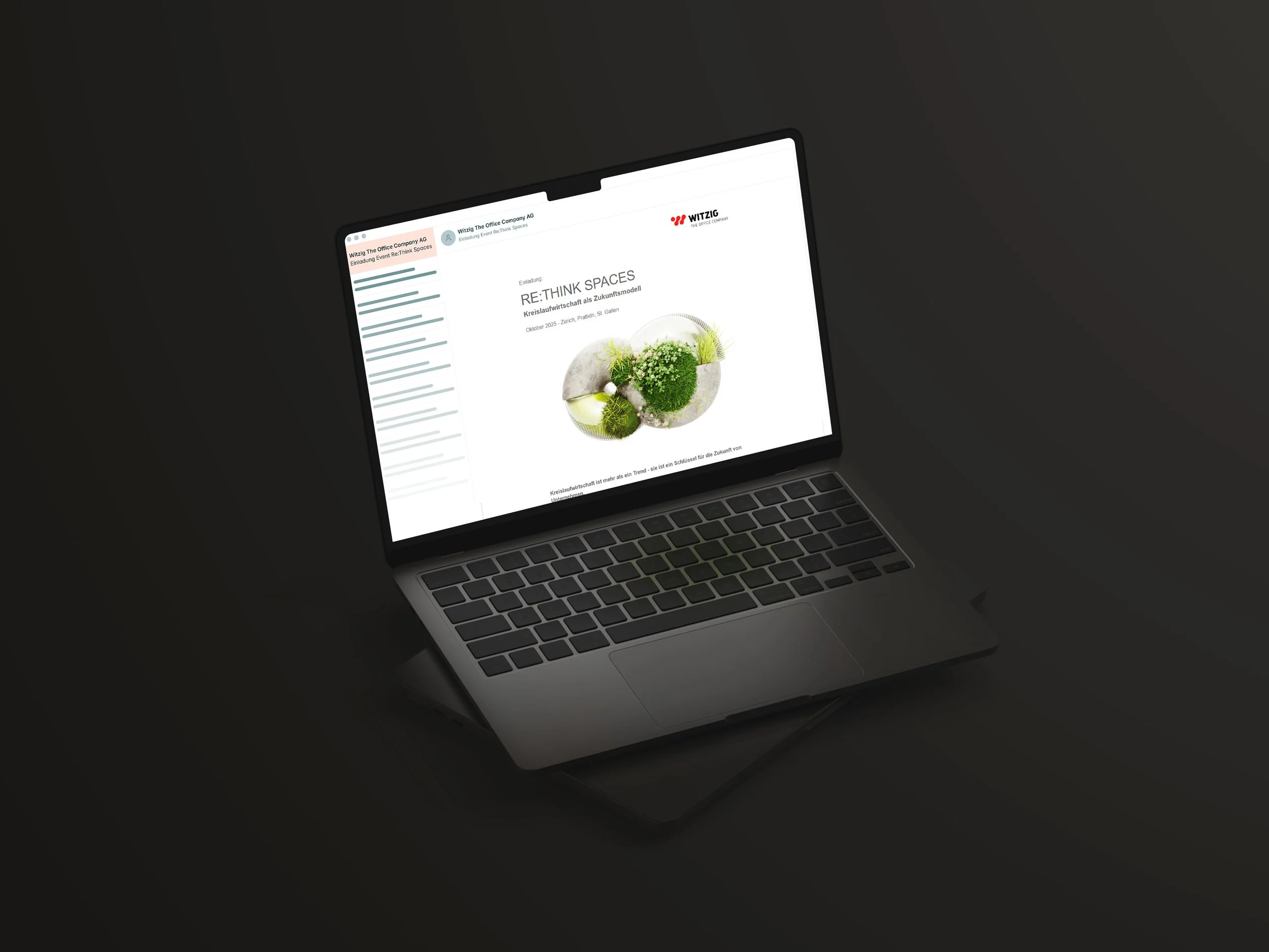 Ein Laptop zeigt eine E-Mail mit dem Betreff "RE: THINK SPACES" und einem Bild von grünen Pflanzen.