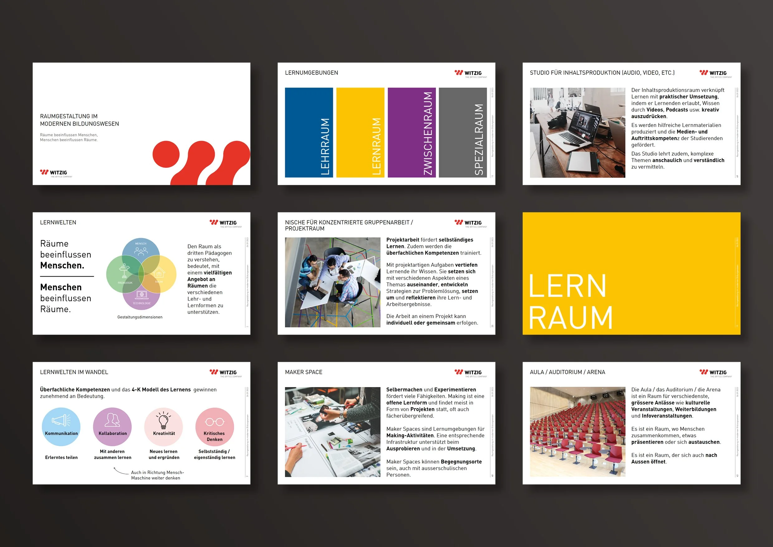 Mehrere Präsentationsfolien über moderne Bildungsräume, Lernumgebungen, und Projektarbeit in einer Schul- oder Seminarration, mit Texten, Diagrammen und Fotos.