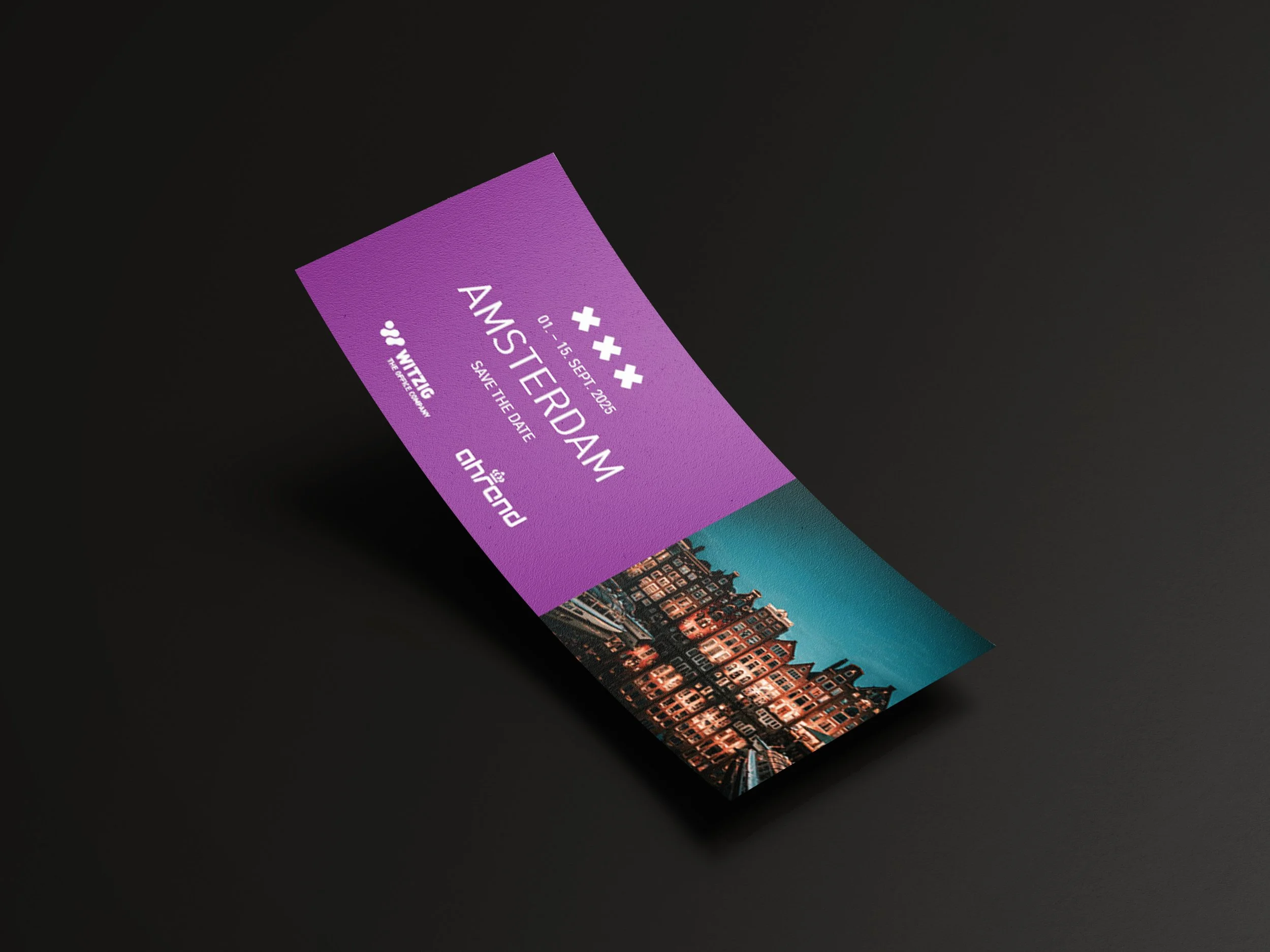 Ein Meeting-Ticket in Lila mit der Aufschrift "AWSTERM" und dem Datum 10. bis 15. September 2025, sowie einem Schriftzug "Save the date" und einem Logo in der unteren linken Ecke.