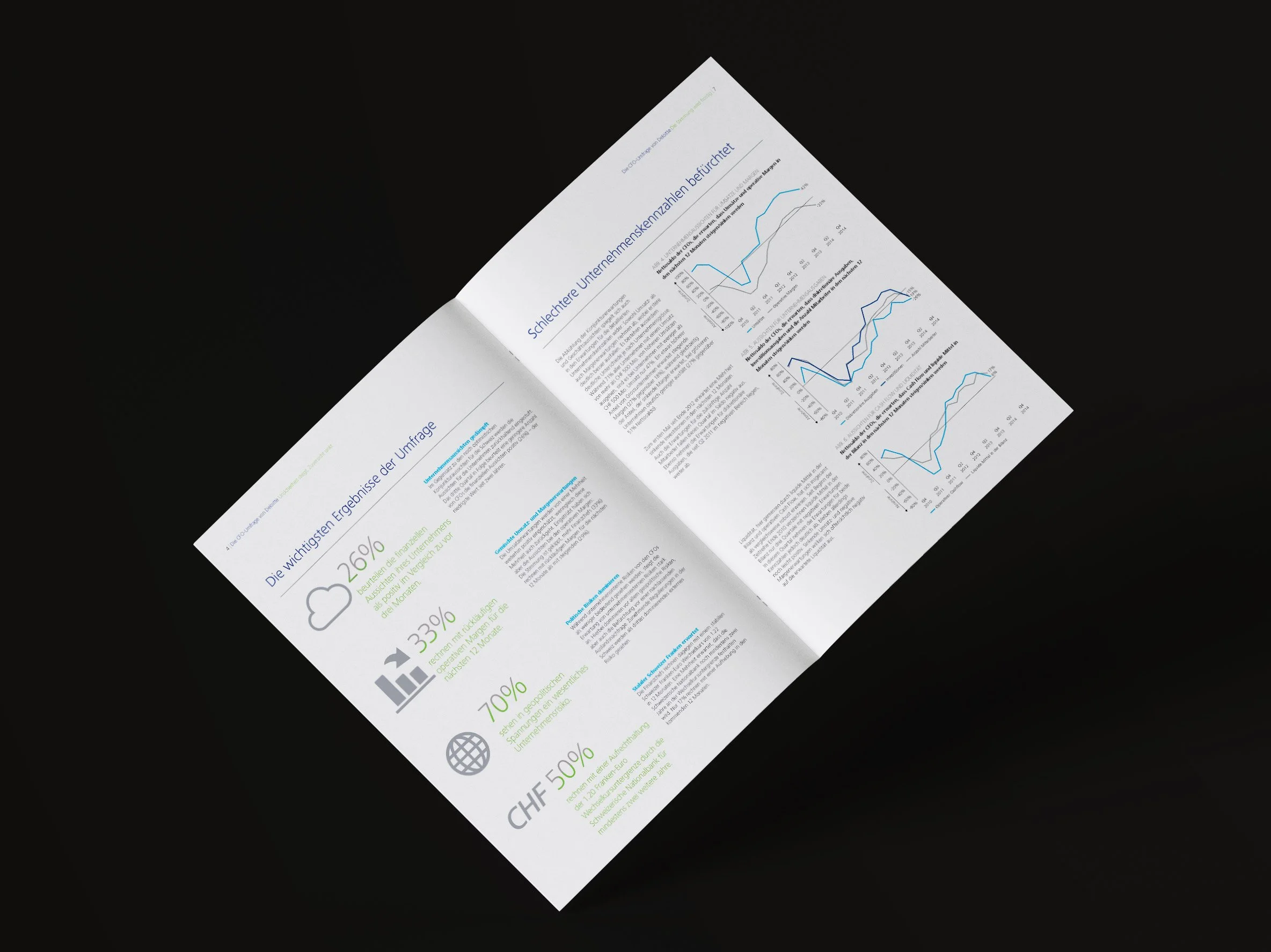 Eine gedruckte Broschüre mit Diagrammen und Text, liegt auf einem schwarzen Hintergrund.
