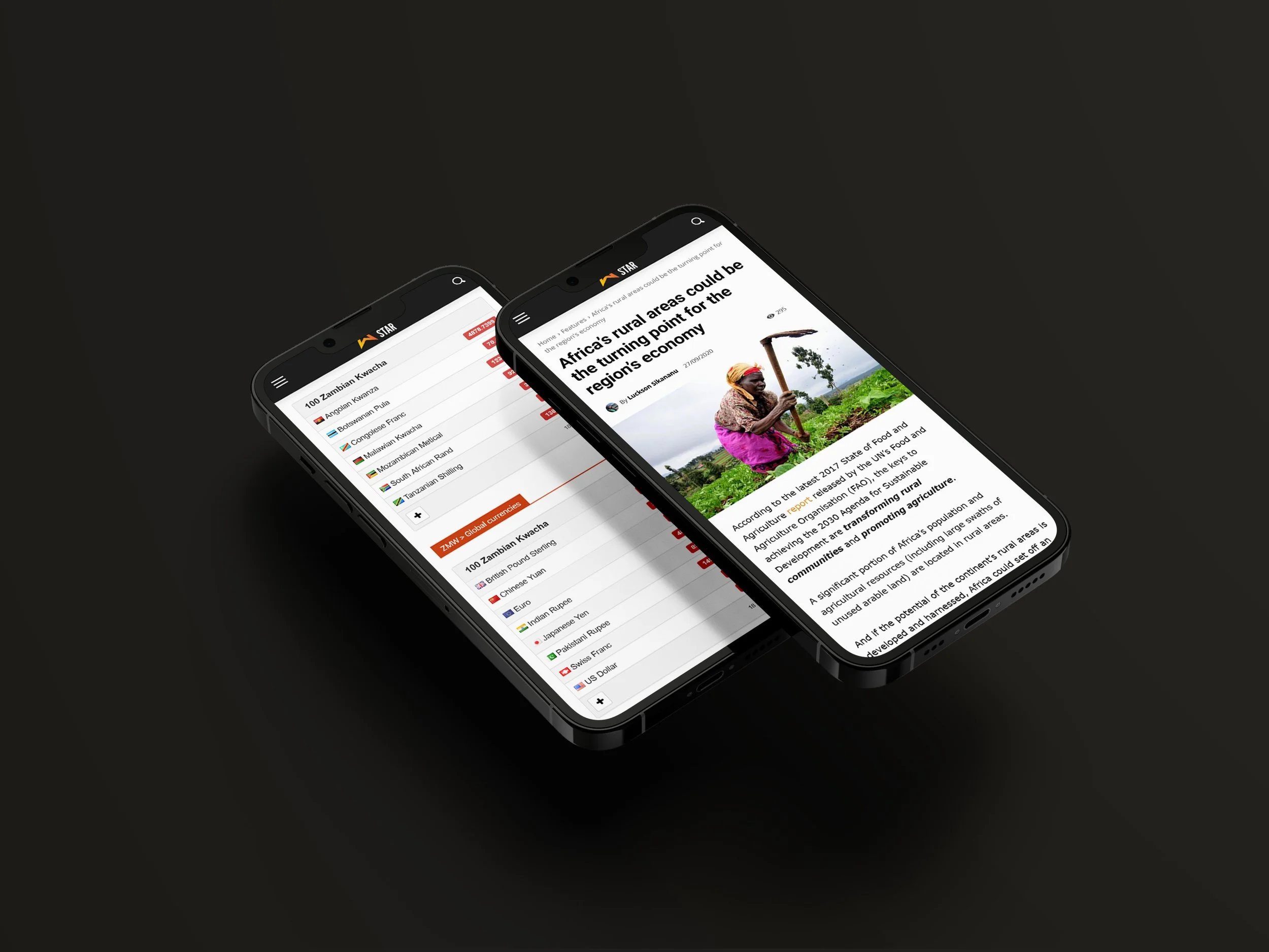Zwei Smartphone mit Nachrichten und Wechselkursen auf der Lusaka Star Webseite .