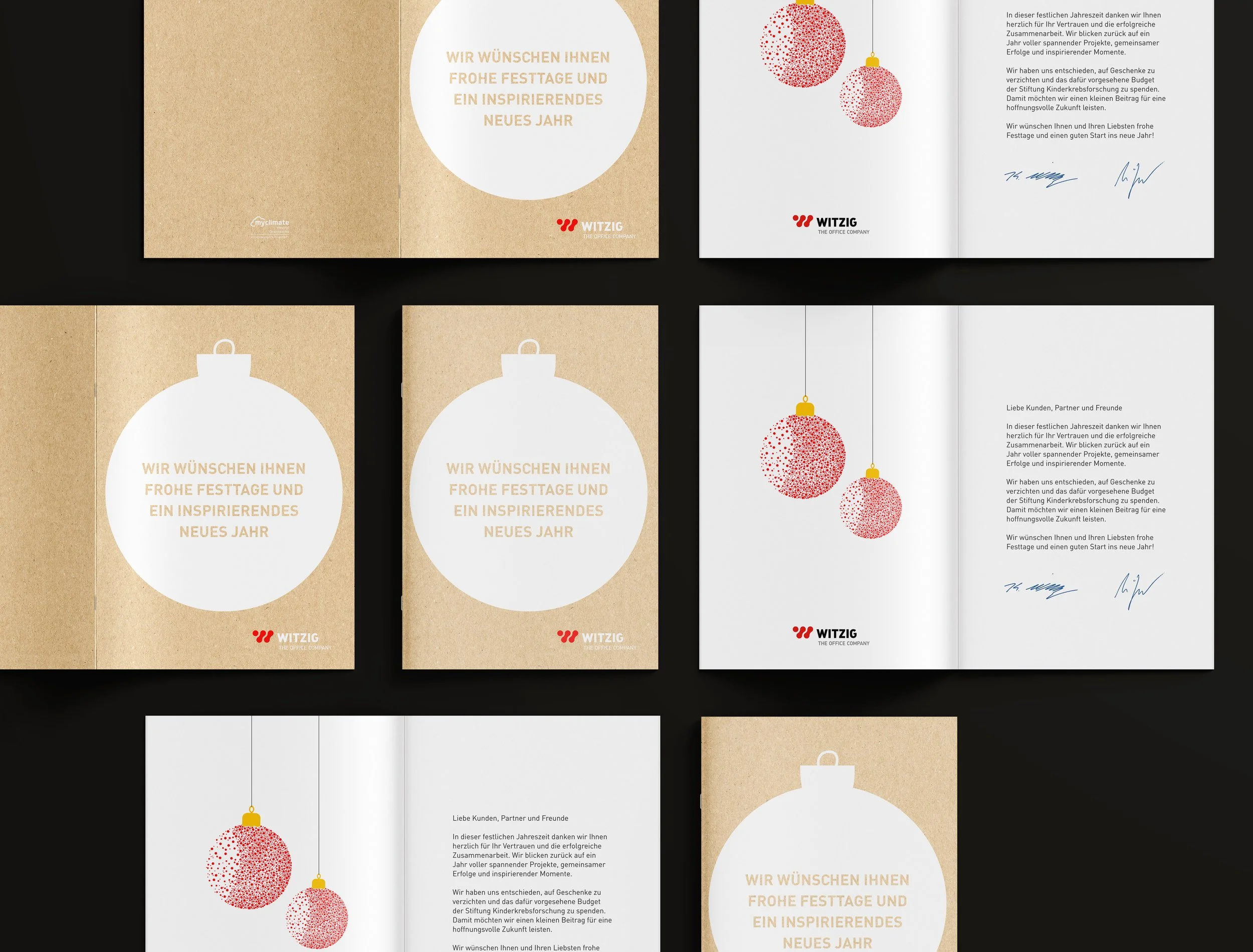 Weihnachtskarte mit goldenen und roten Ornamenten, festliche Grußbotschaft in Deutsch, Weihnachtsbaum-Designs, Firmenlogo Witzig, einige Karten mit Unterschriften.