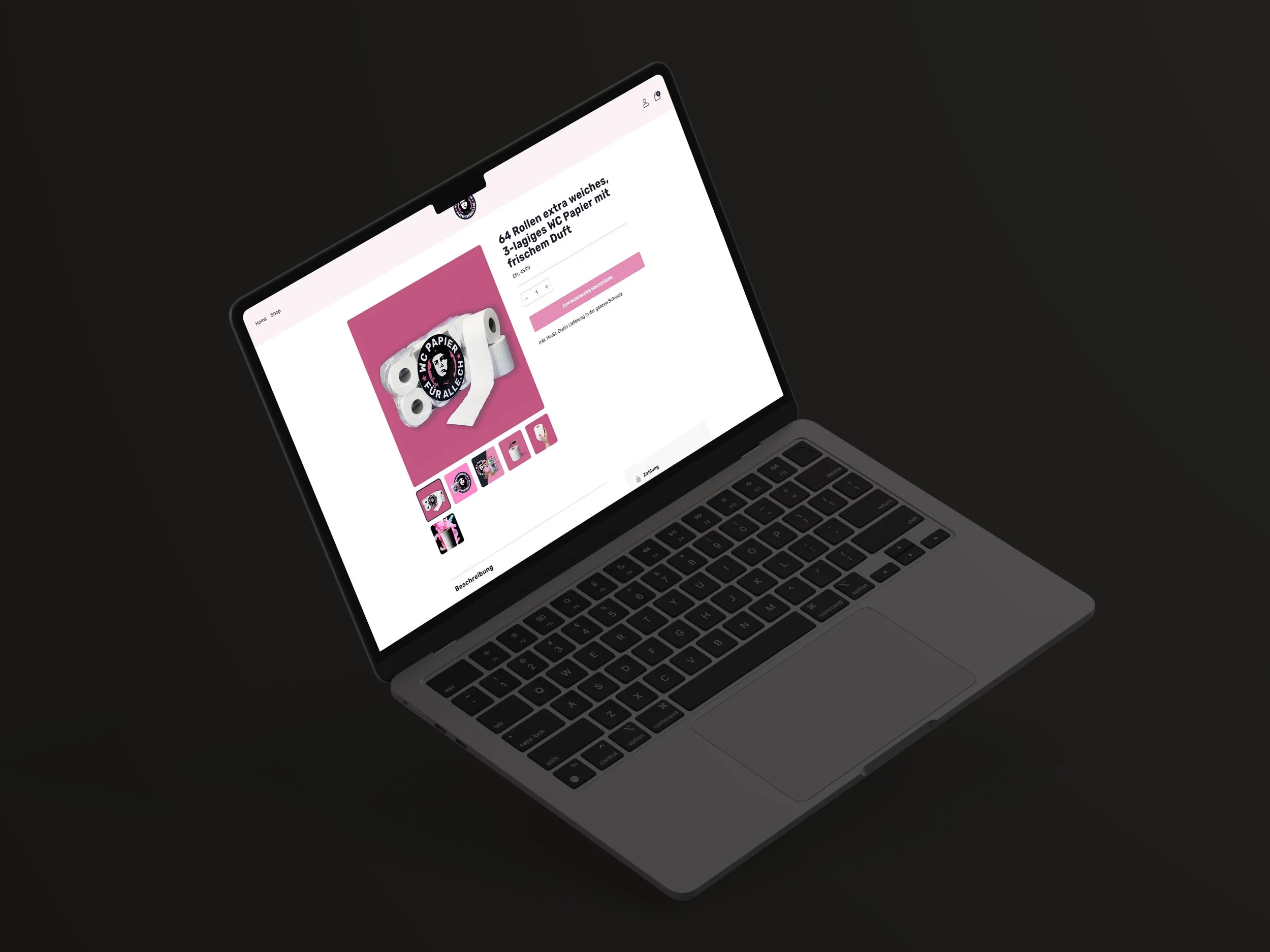 Ein Laptop mit den Produktdetails im Online-Shop von wcpapierfueralle.ch