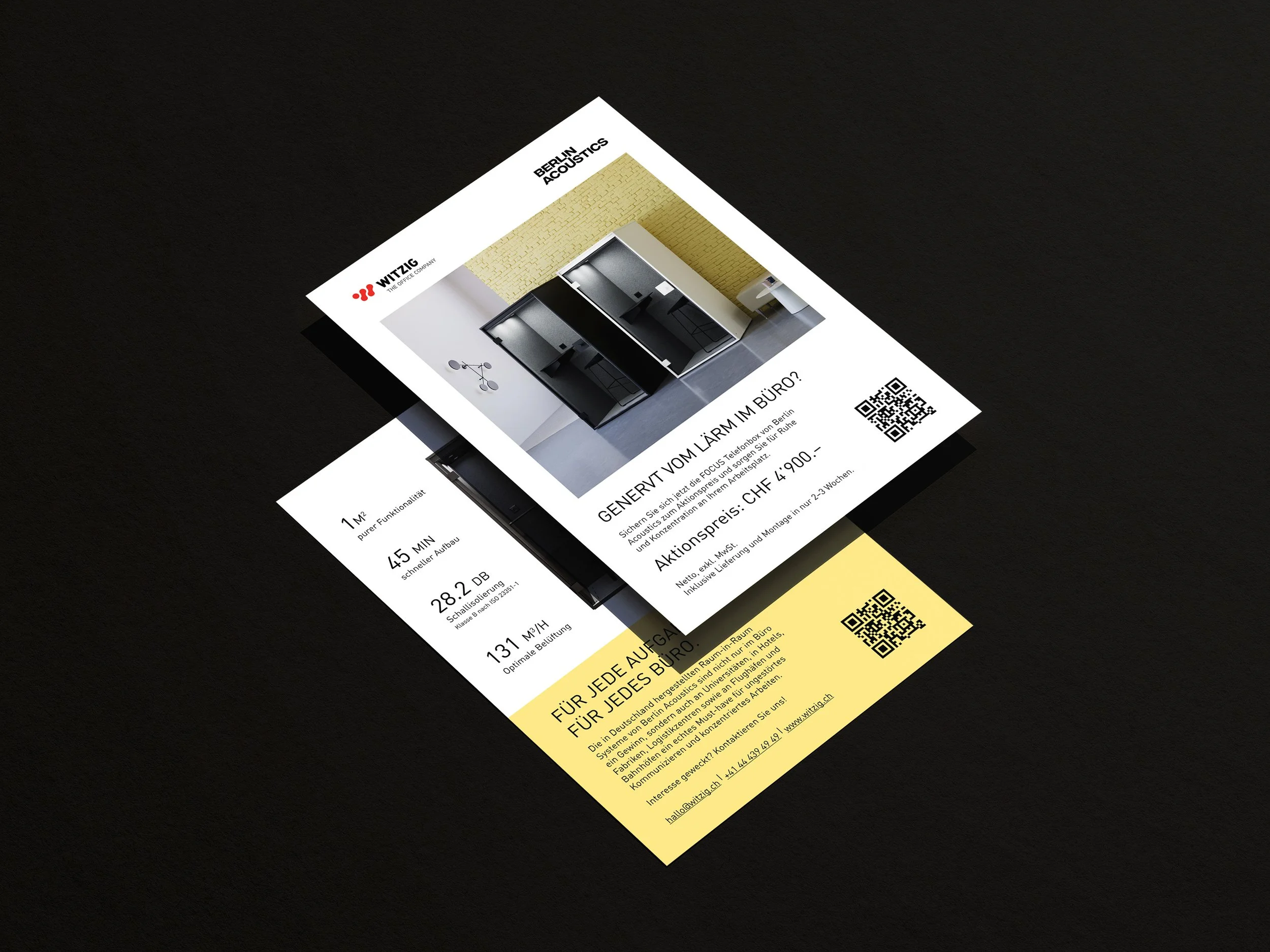 Flyer für akustische Raumgestaltung in Bürogebäuden mit Informationen zu Vorteilen, Kontaktdaten und QR-Codes.