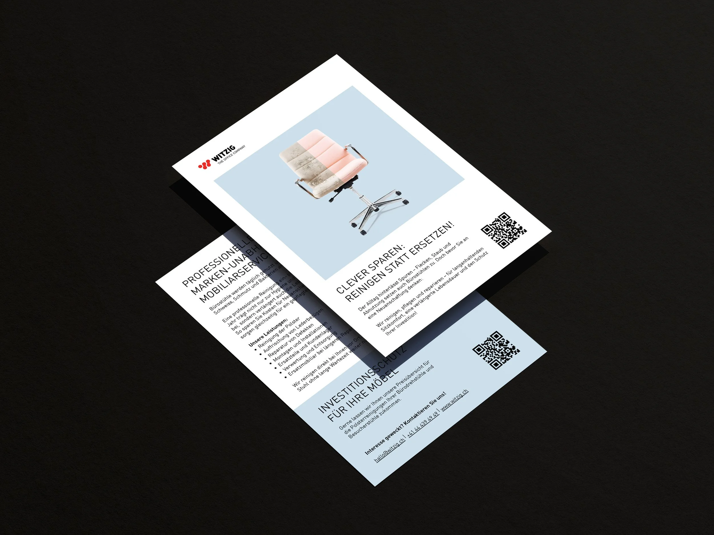 Flyer für alte Bürostühle, der eine beschädigte Sitzfläche zeigt, mit QR-Code und Kontaktinformationen.