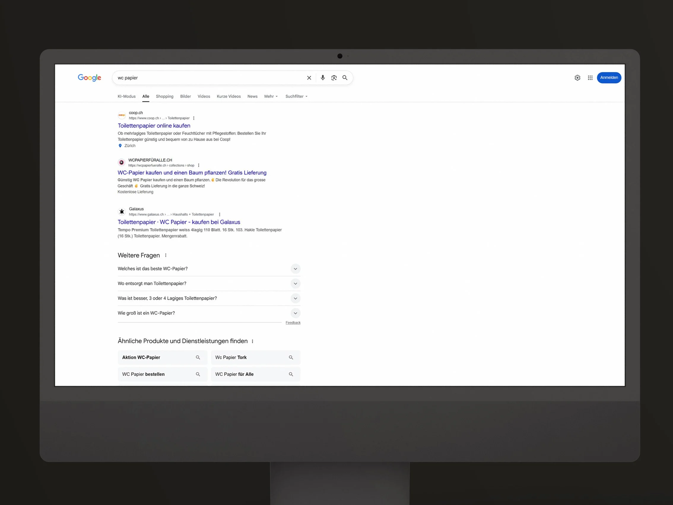 Ein Screenshot der Google Suche mit der Platzierung von wcpapierfueralle.ch auf der ersten Seite in den Top-Treffern.