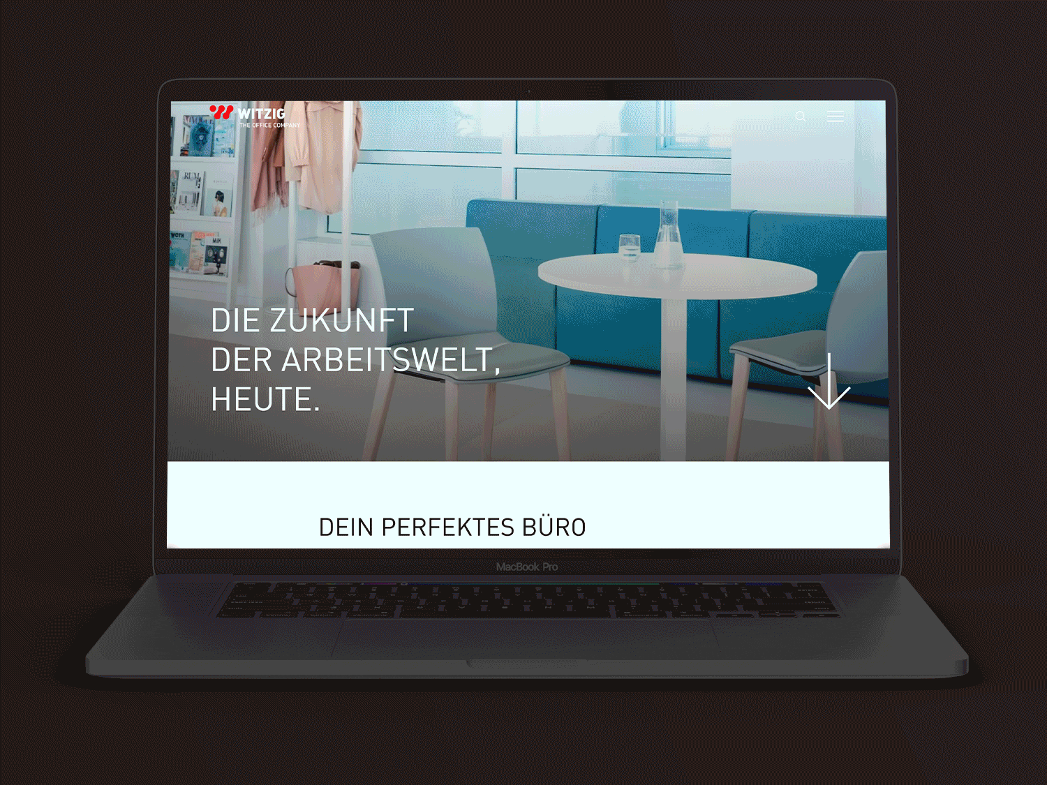 Animation der neuen Webseite von Witzig The Office Company zeigt Srolling über die ganze Startseite im neuen Corporate Design.
