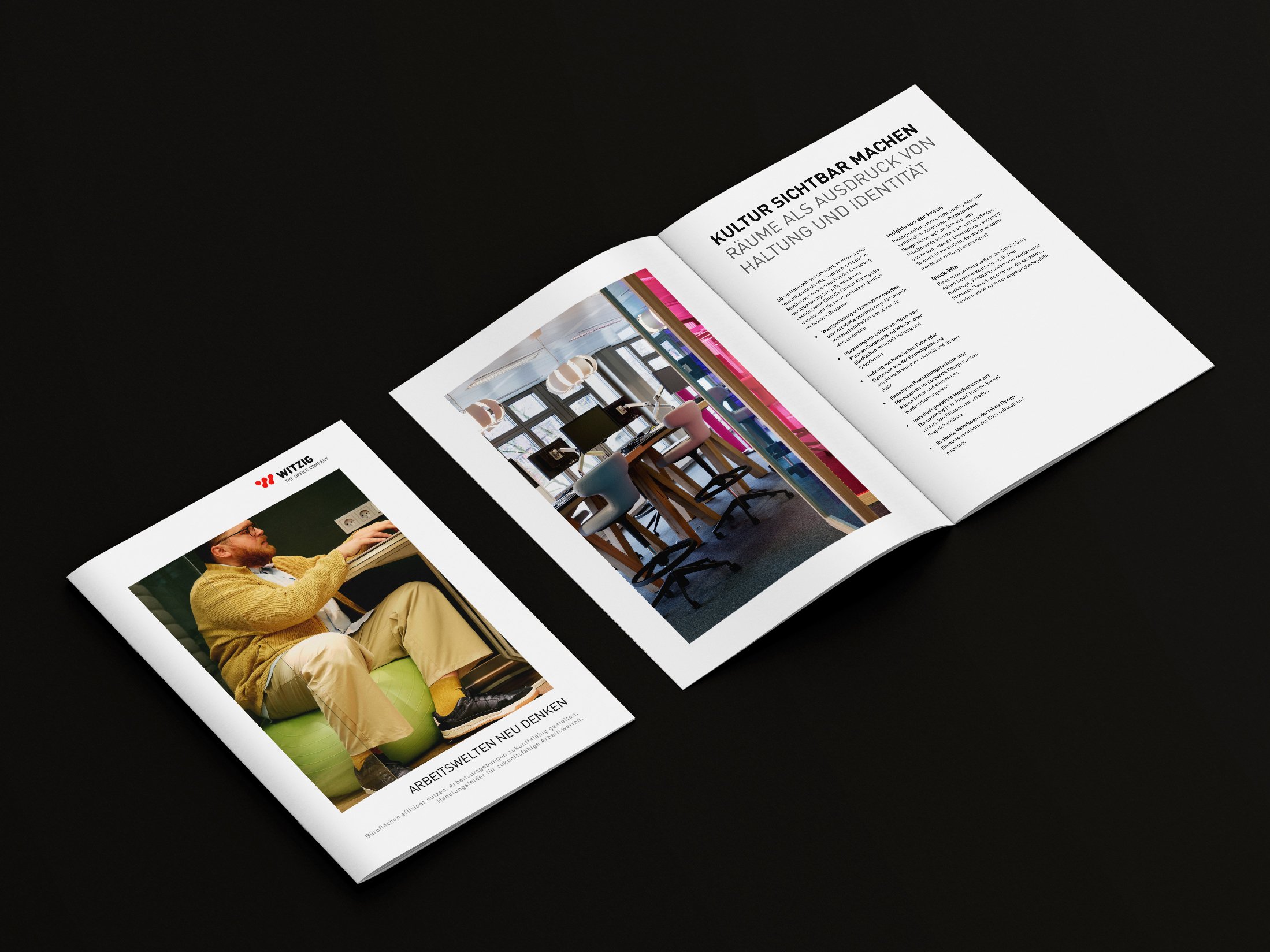 Offenes Magazin mit Bürotips aus der Office Check Kampagne mit Text und Bildern, auf schwarzem Hintergrund.