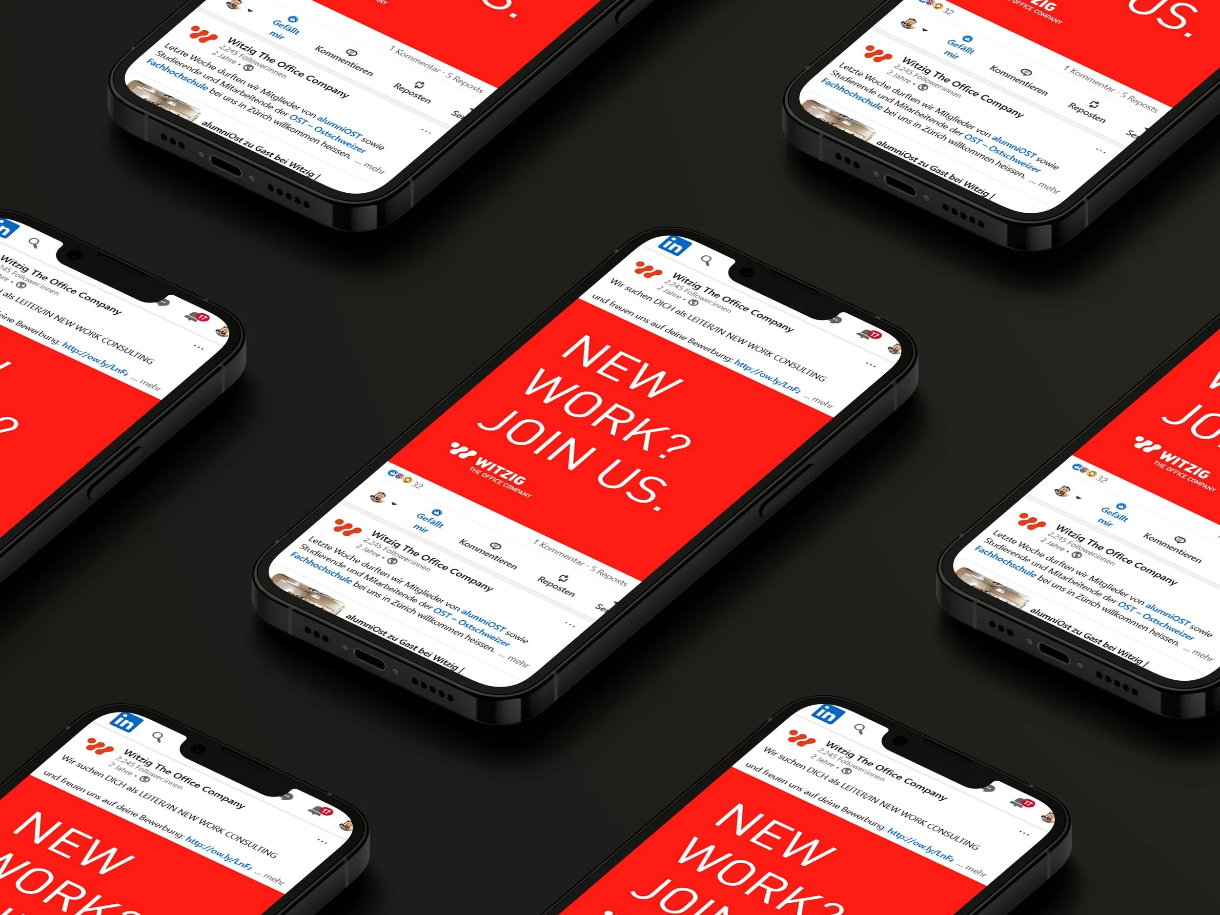 Mehrere Smartphones mit Social Media Beiträgen und Slogan NEW WORK, JOIN US mit dem neuen Corporate Design von Witzig.