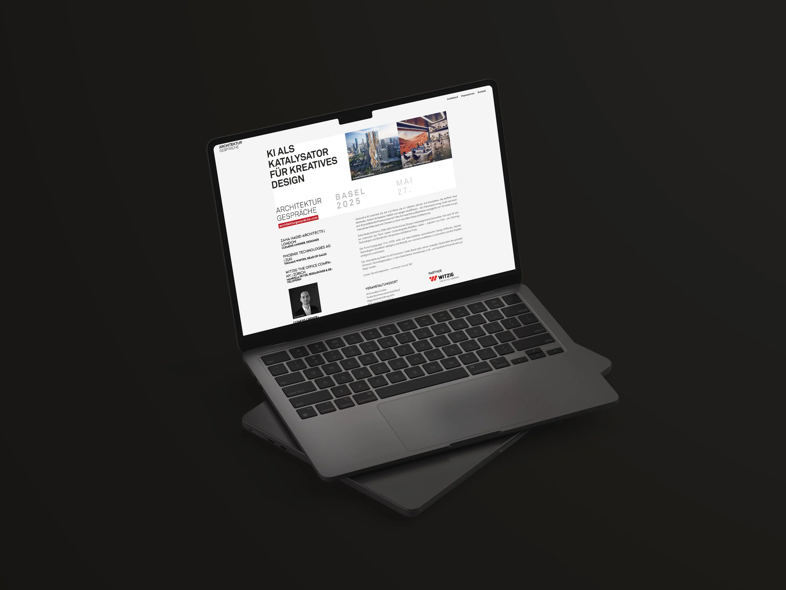 Laptop auf einem schwarzen Hintergrund, der eine Website über KI als Katalysator für kreatives Design zeigt.