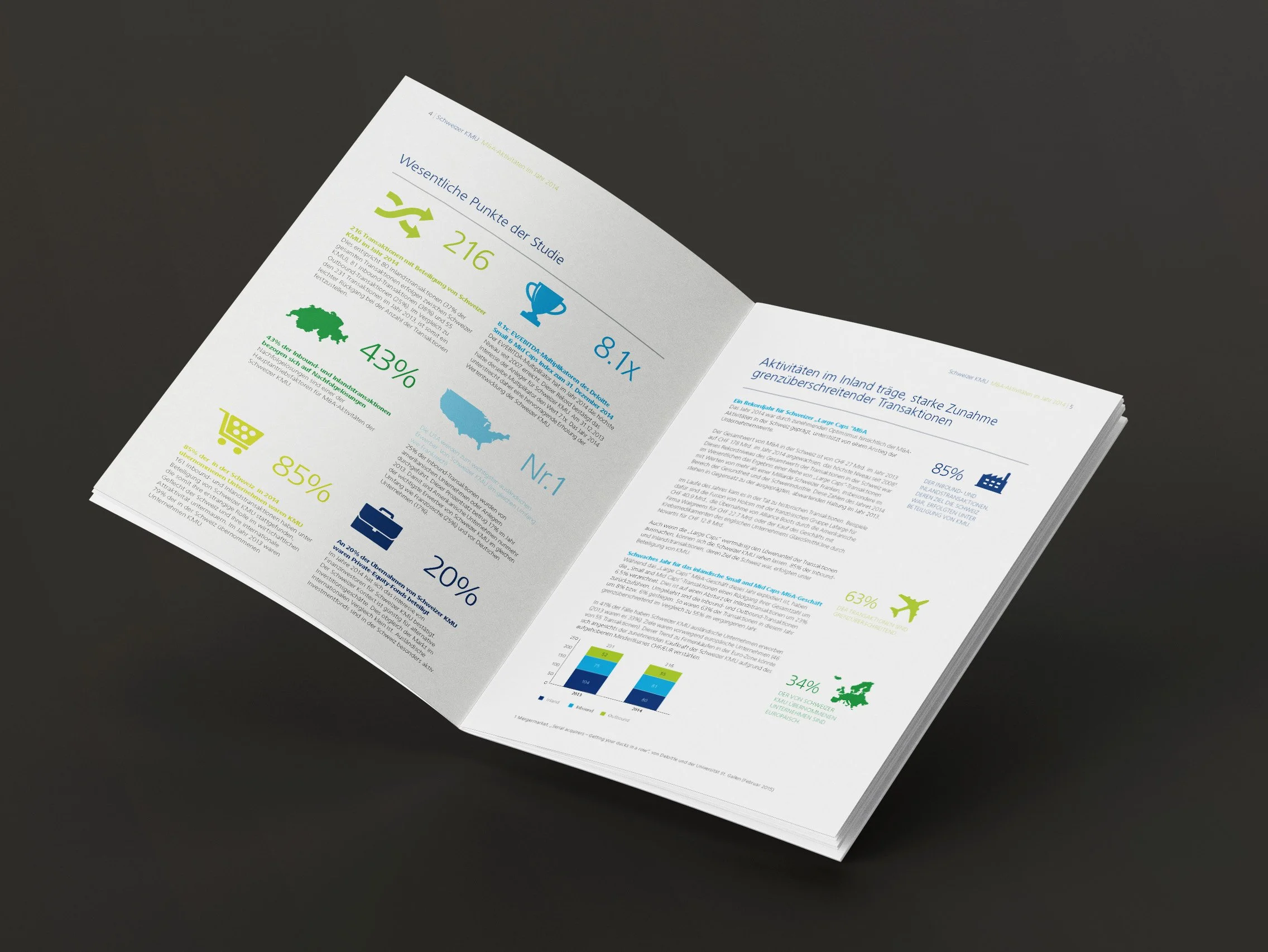 Offene Broschüre mit Infografik und Diagrammen in Schwarz und Weiß, assessing study statistics in Deutsch.