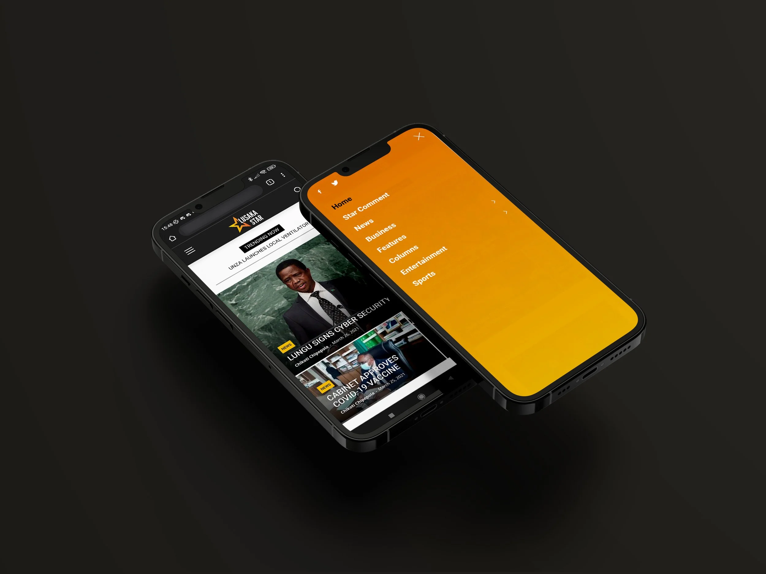 Zwei Smartphones zeigen verschiedene Ansichten der Lusaka Star Webseite, eine mit Nachrichtenartikeln und die andere mit einem orangefarbenen Menü.