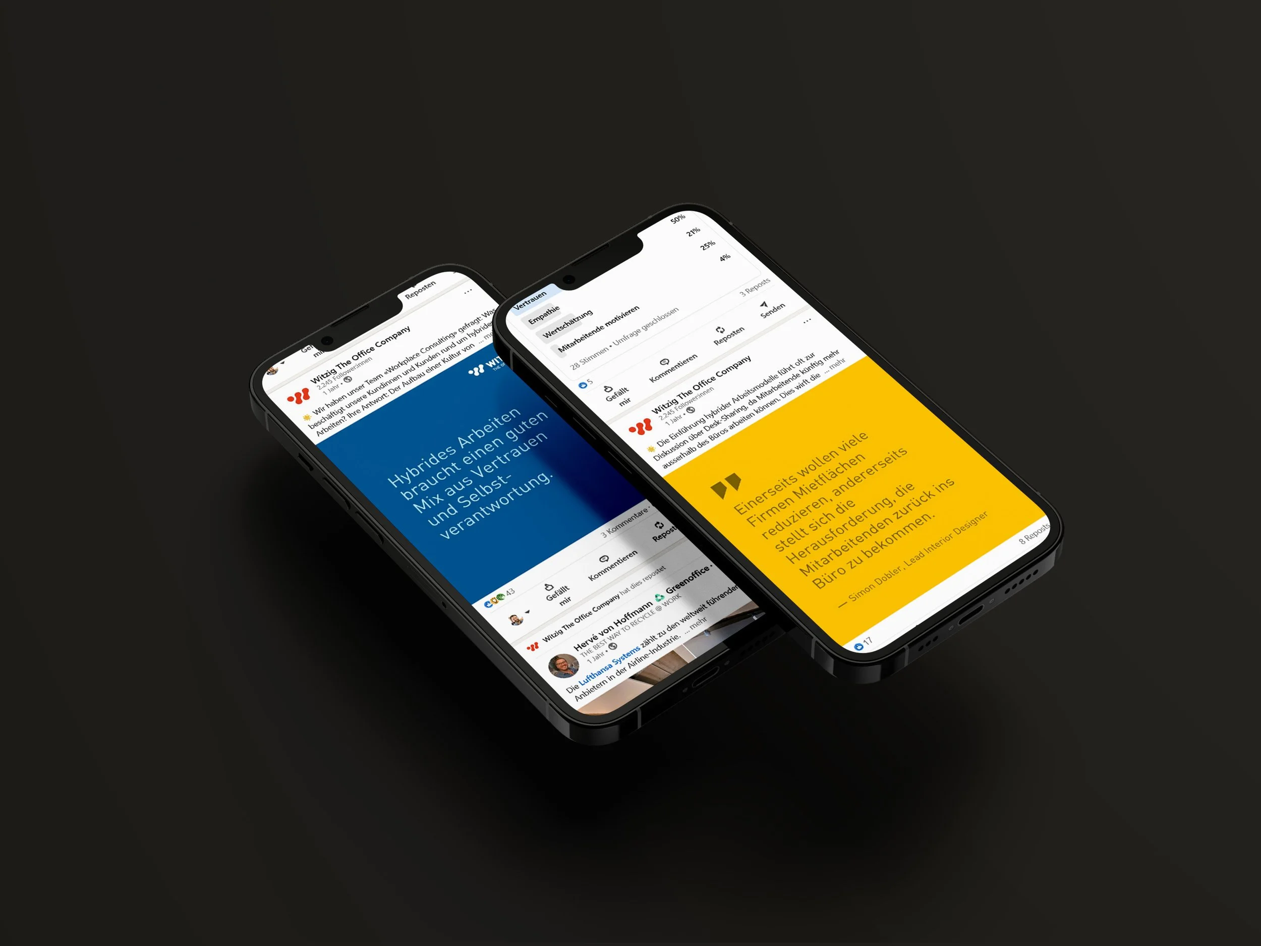 Zwei Smartphones zeigen Social-Media-Feeds mit Texten auf Deutsch, auf dunklem Hintergrund.