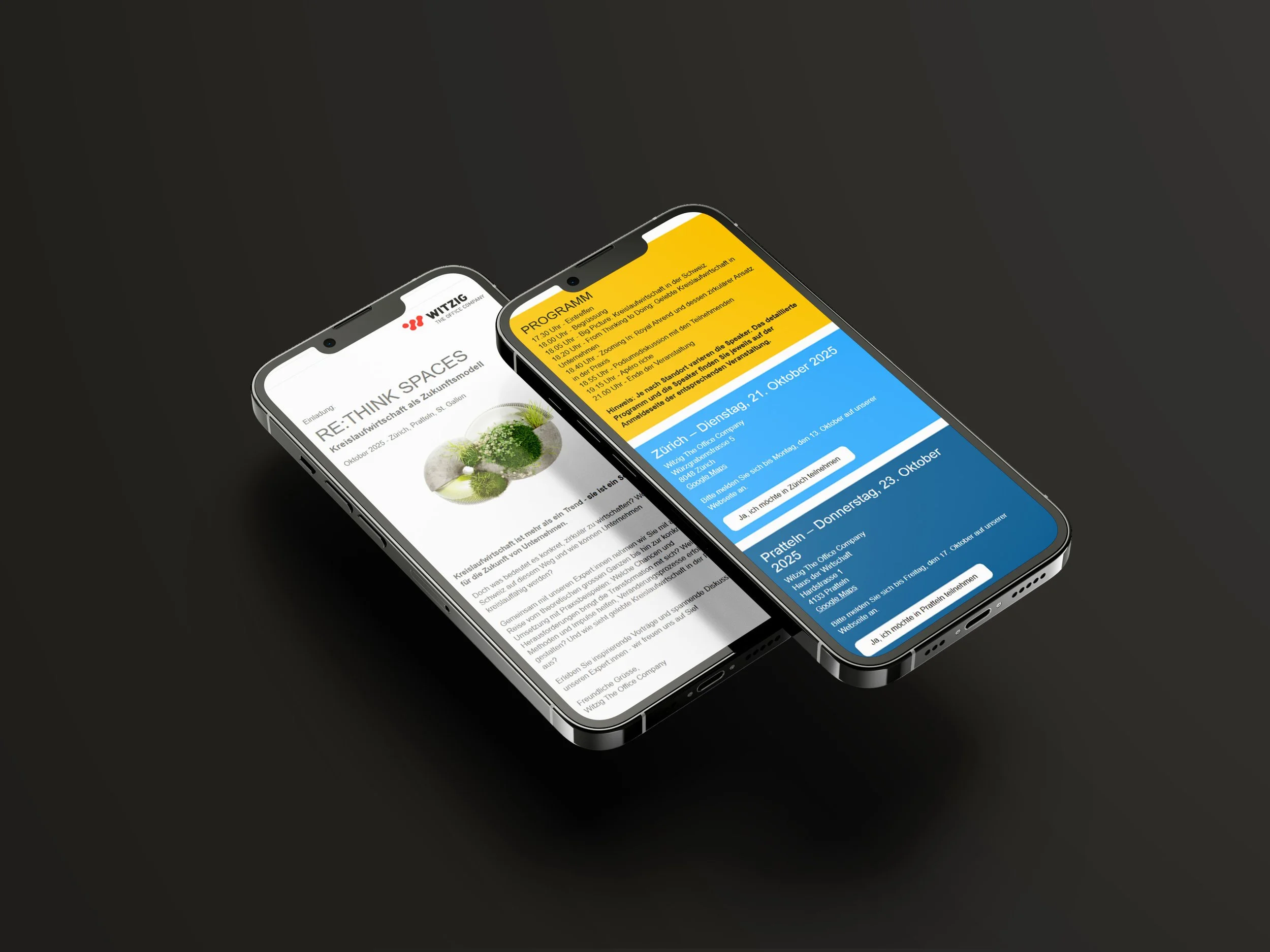 Zwei Smartphones mit geöffneten Veranstaltungs-Apps auf einem schwarzen Hintergrund.