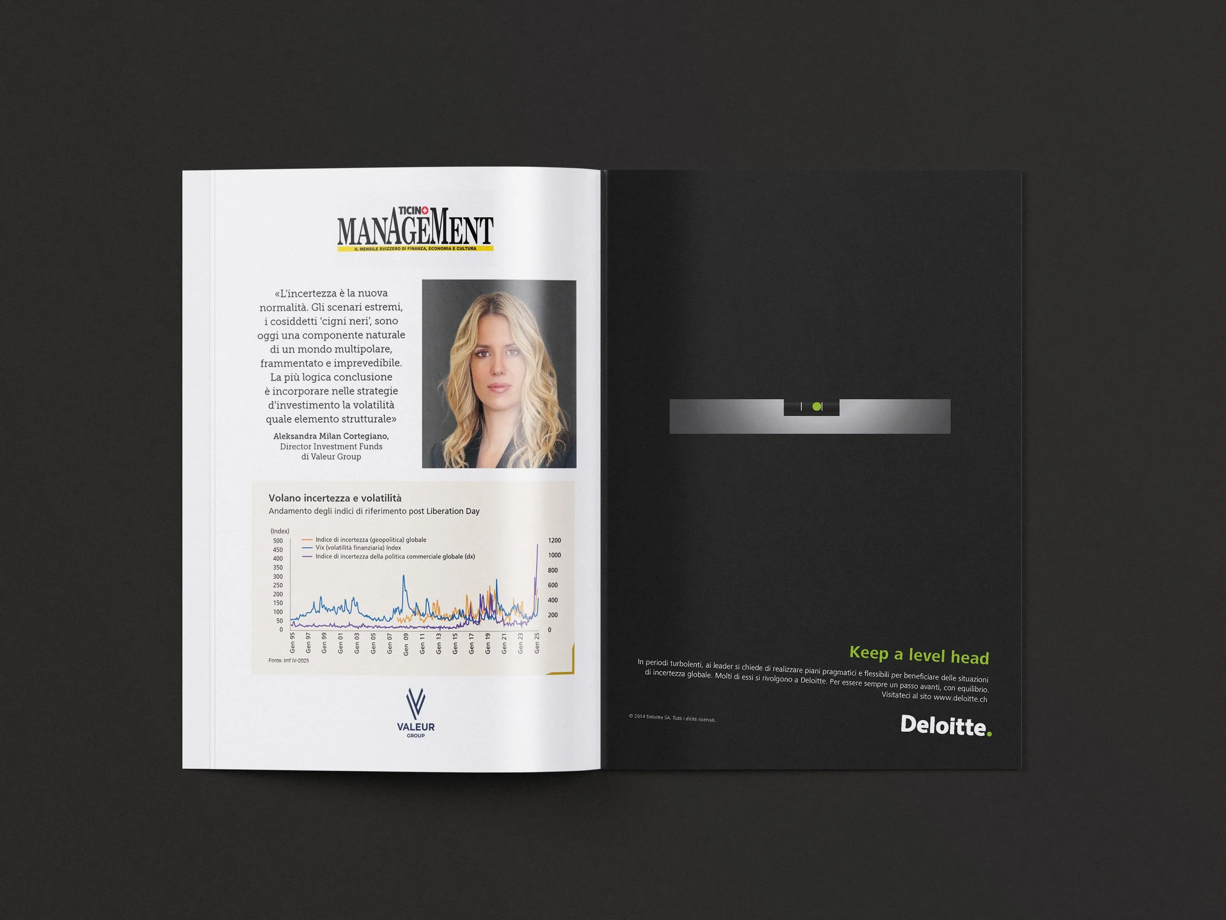Offenes Magazin mit Finanz- und Wirtschaftsthemen und Print-Inserat aus der Green Dot Kampagne von Deloitte.