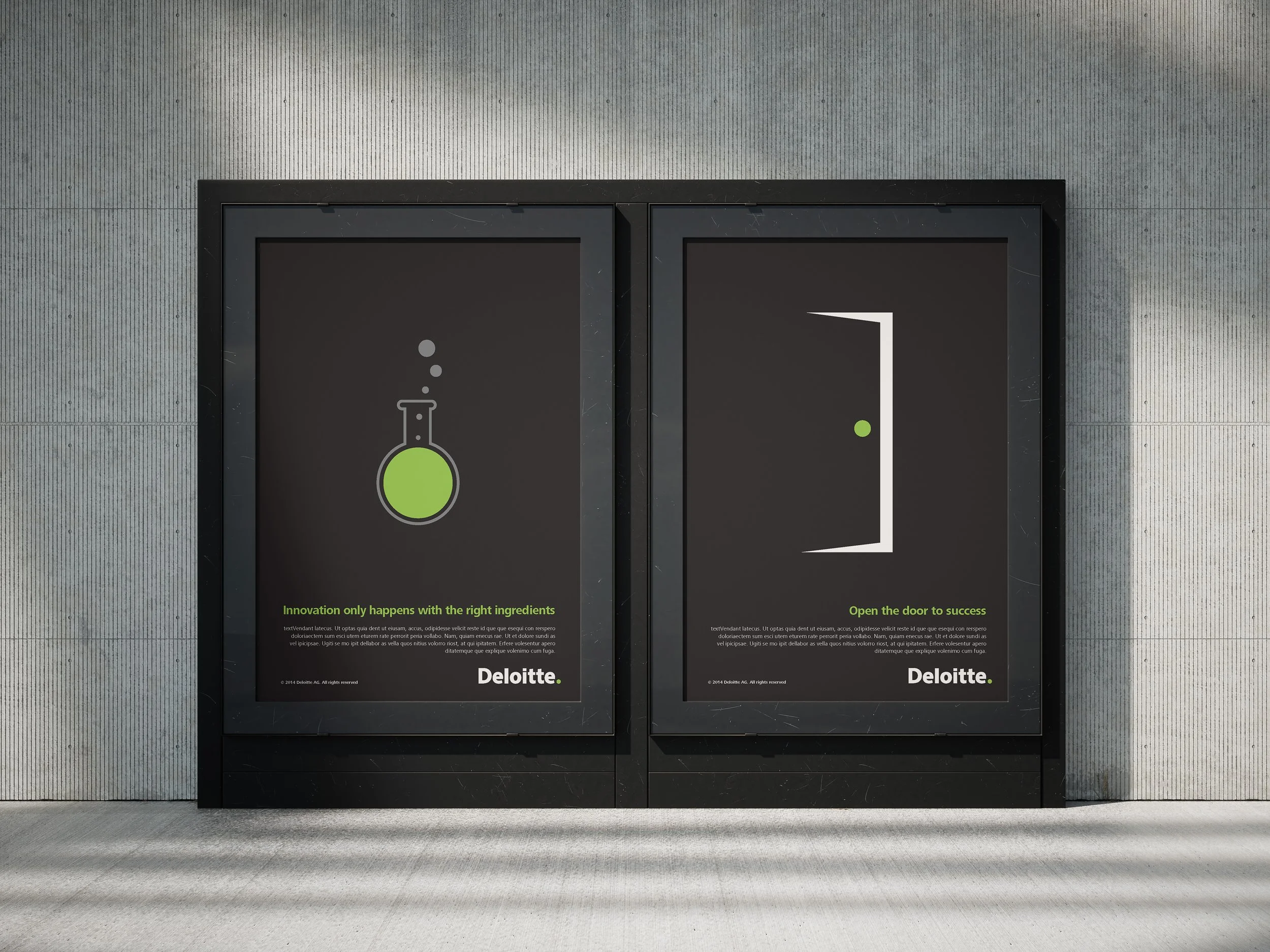 Zwei Plakatstellen mit Out-of-home Sujets aus der Green Dot Kampagne von Deloitte.
