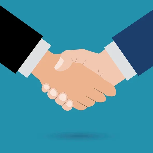 Illustration of two people shaking hands, one in a black suit and the other in a blue suit, signaling agreement or partnership.