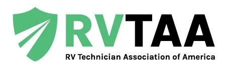 Logo of RV Technician Association of America featuring a green shield with a white stylized road or arrow and the text 'RV TAA' and 'RV Technician Association of America'.