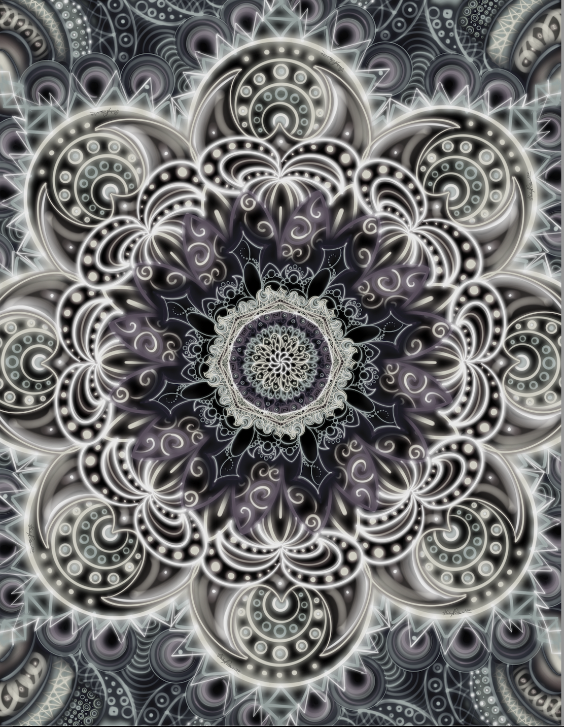 A digital abstract design featuring intricate patterns and shapes in shades of black, white, and purple, resembling a complex mandala or kaleidoscopic pattern.