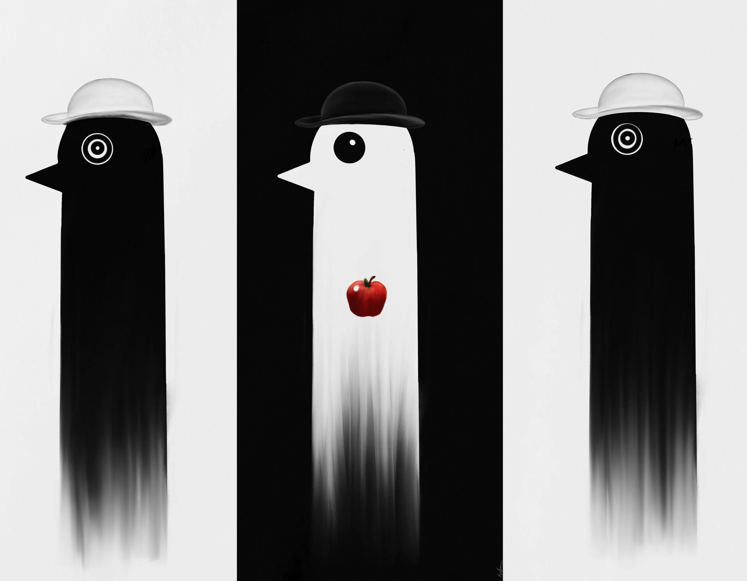 Artistic image of three bird-like figures with elongated bodies and pixelated textures, wearing hats—two white and one black. The middle figure has a red apple at its base. The background alternates between white and black, creating a striking contra