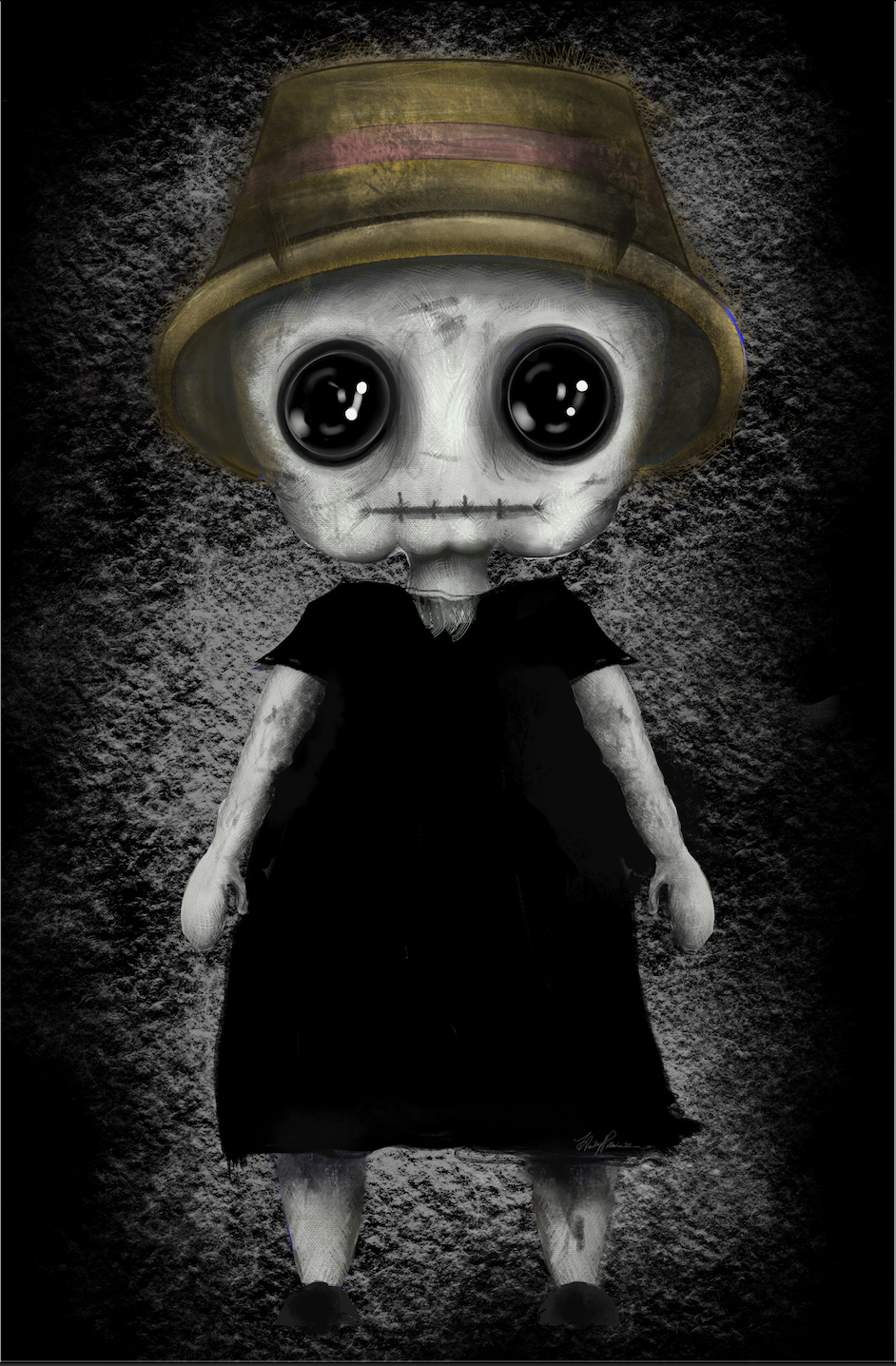 A spooky doll with a skull-like face, large black eyes, stitched mouth, black dress, and worn hat, lying on a textured dark background.