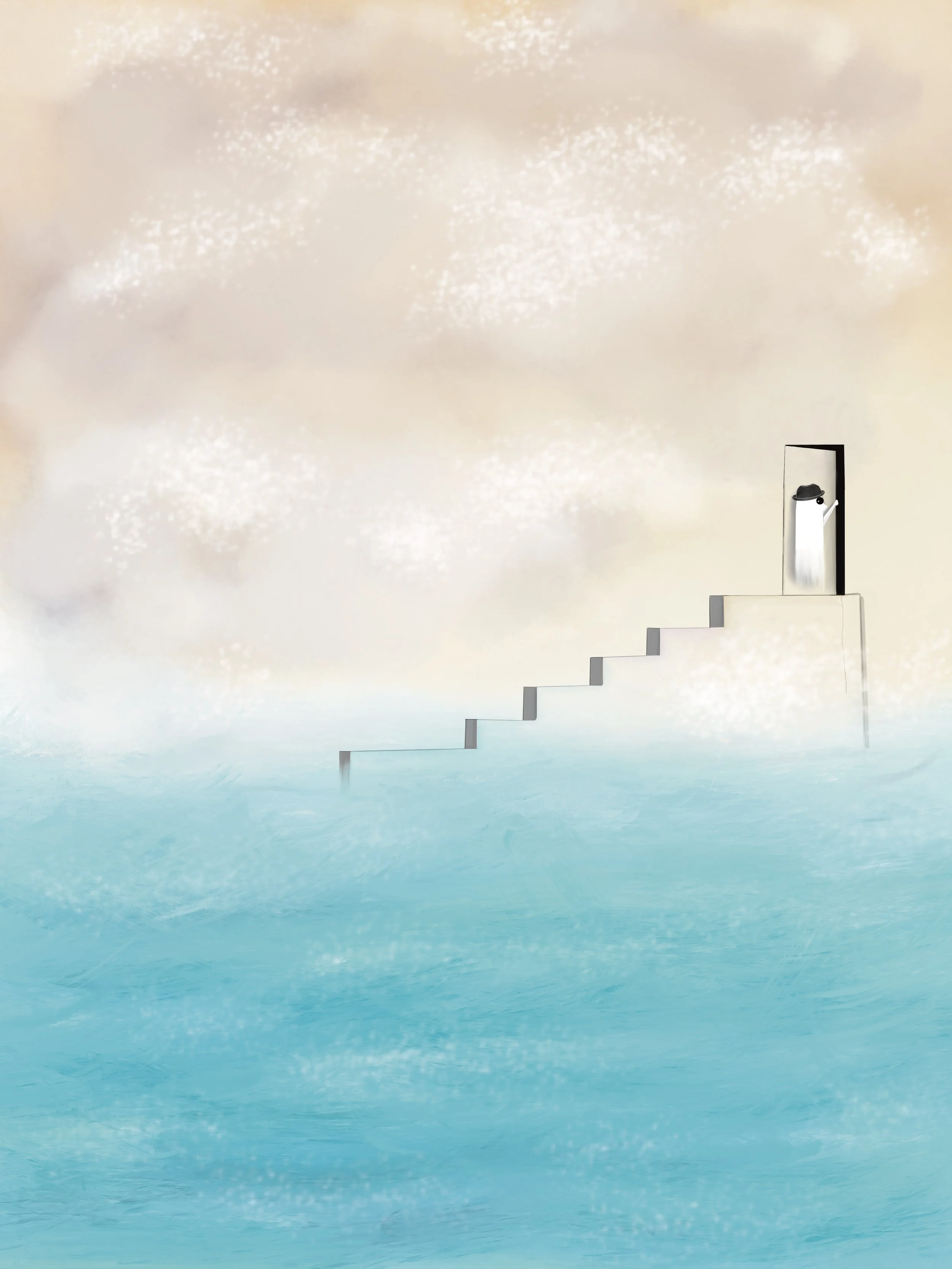 A white staircase leading up into the sky, with clouds and a blue sea below. A person with long hair and a hat is standing at the top, looking out.