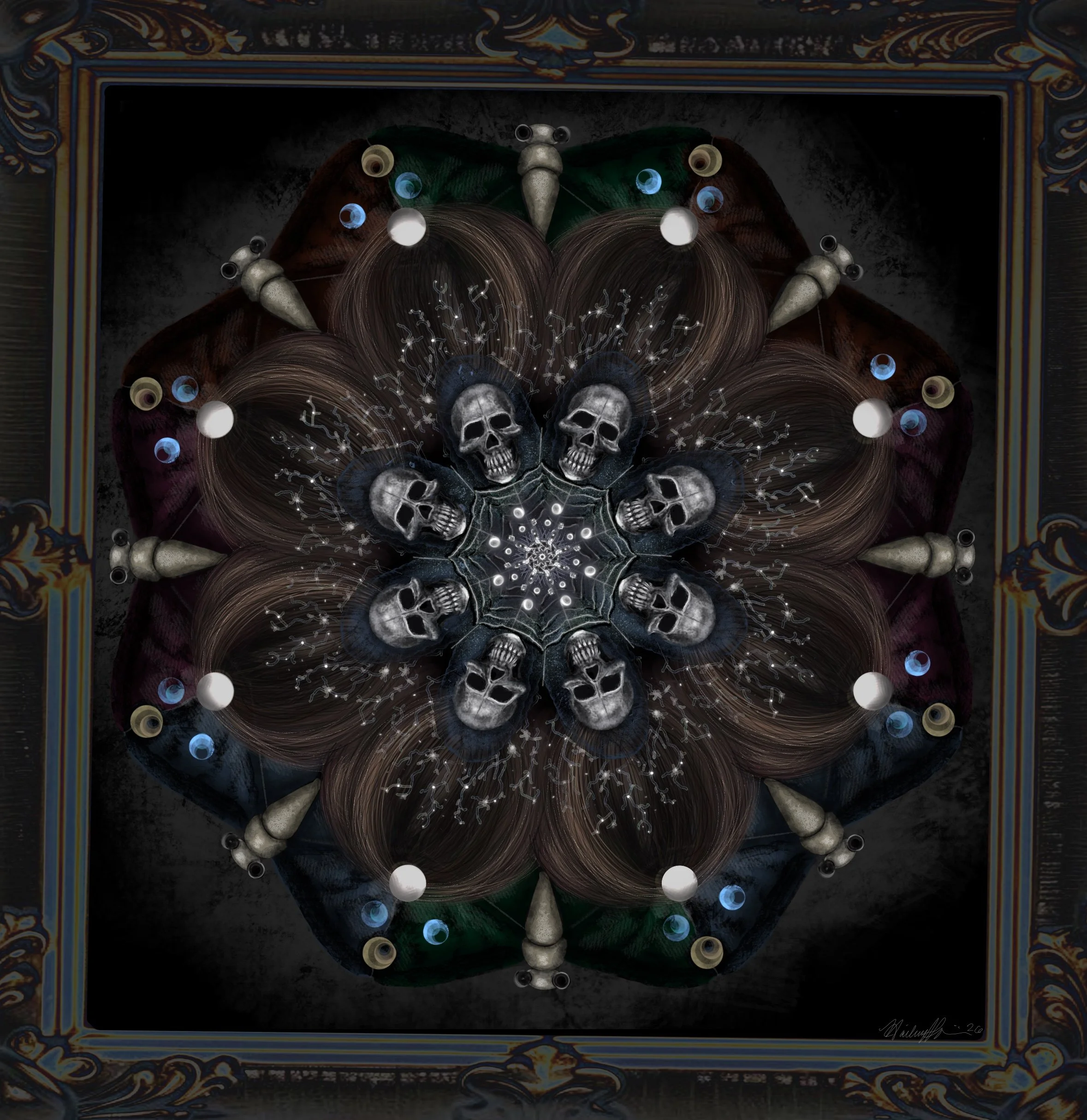 A symmetrical digital artwork featuring skulls arranged in a circular pattern with intricate dark and metallic details, surrounded by decorative border elements.