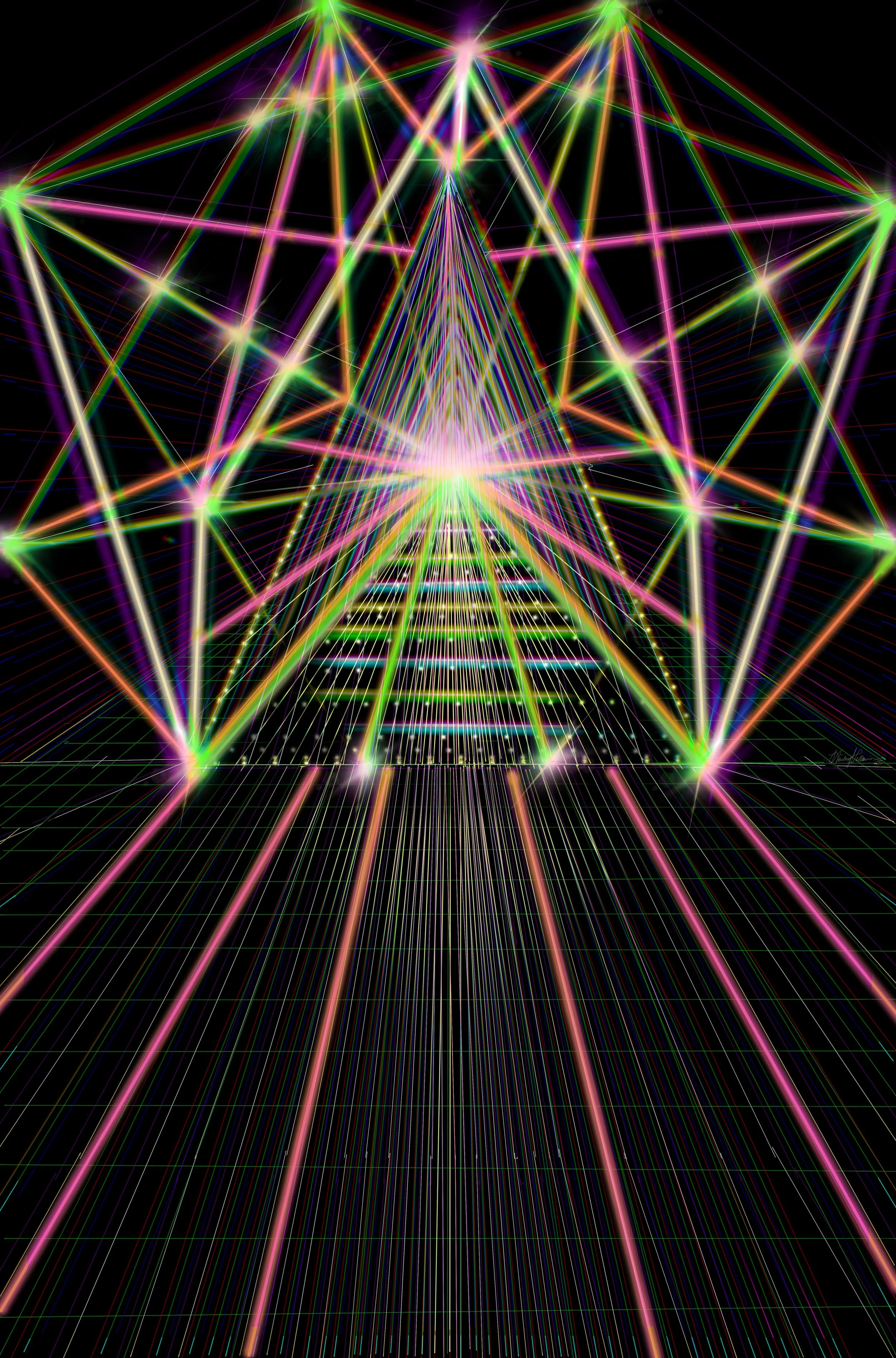 Colorful neon light patterns forming a futuristic tunnel with grid lines and a pyramid shape in the center.