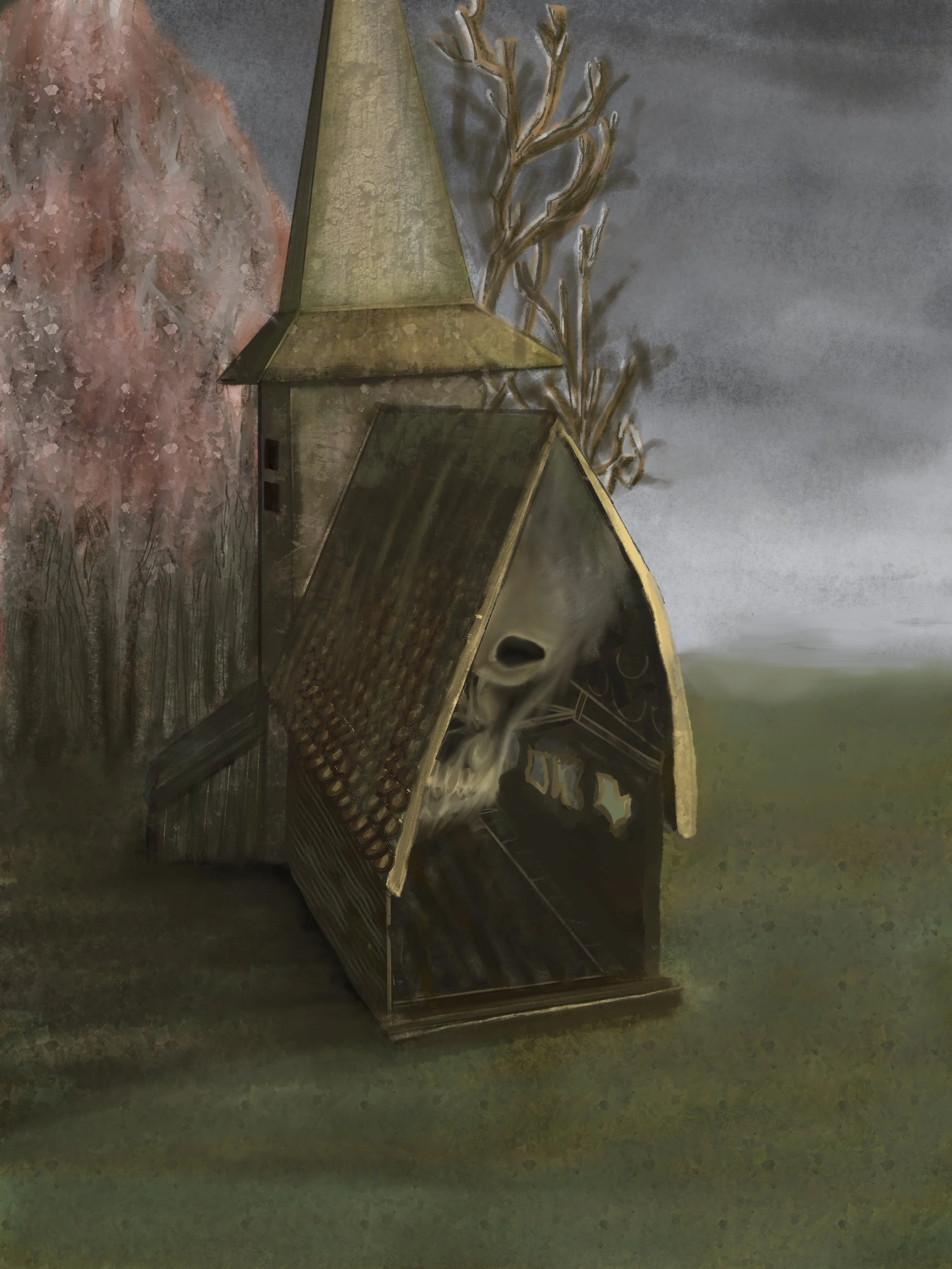 A photograph of a small wooden church with a steeple, partly covered by a transparent skull sculpture inside the open front of the building, surrounded by a grassy field with trees and a cloudy sky in the background.