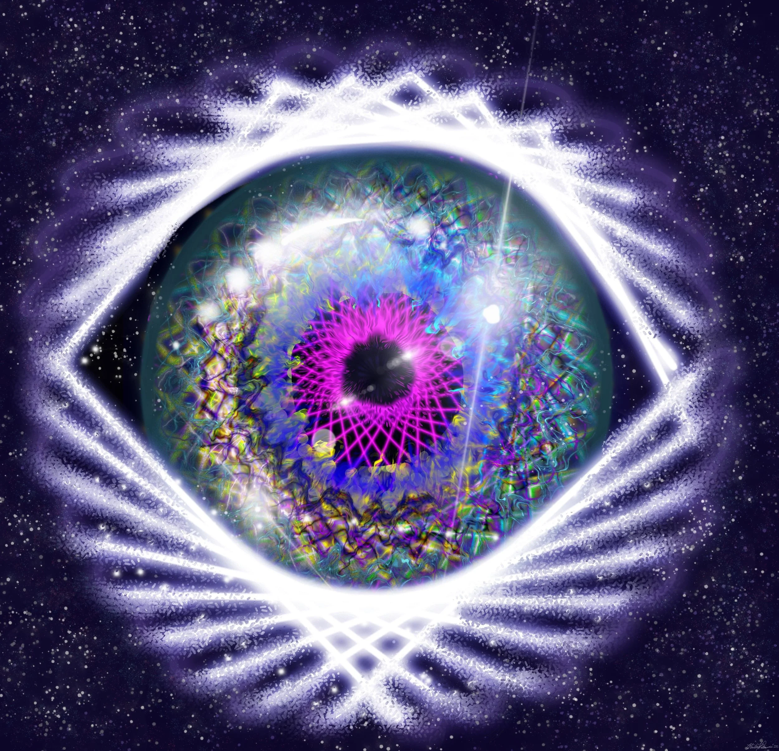 Futuristic digital artwork of a human eye with vibrant, swirling colors and patterns inside the iris, surrounded by glowing geometric shapes and a starry space background.