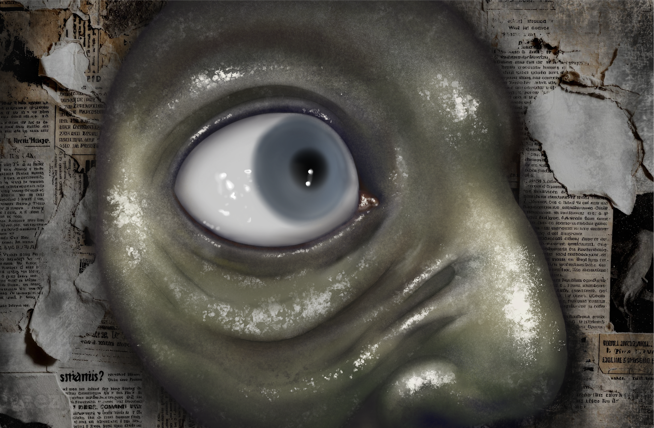 A surreal image of a large eye with a wrinkled, pale green face and surrounding torn, old newspaper pages.