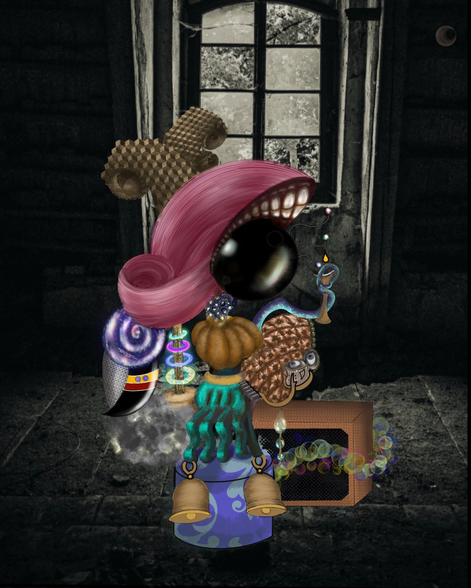 A digital collage of abstract, surreal objects in a dark, abandoned room with a window in the background, including a pink spiral, a black ball, a pumpkin, bells, a robot face, and other miscellaneous items.