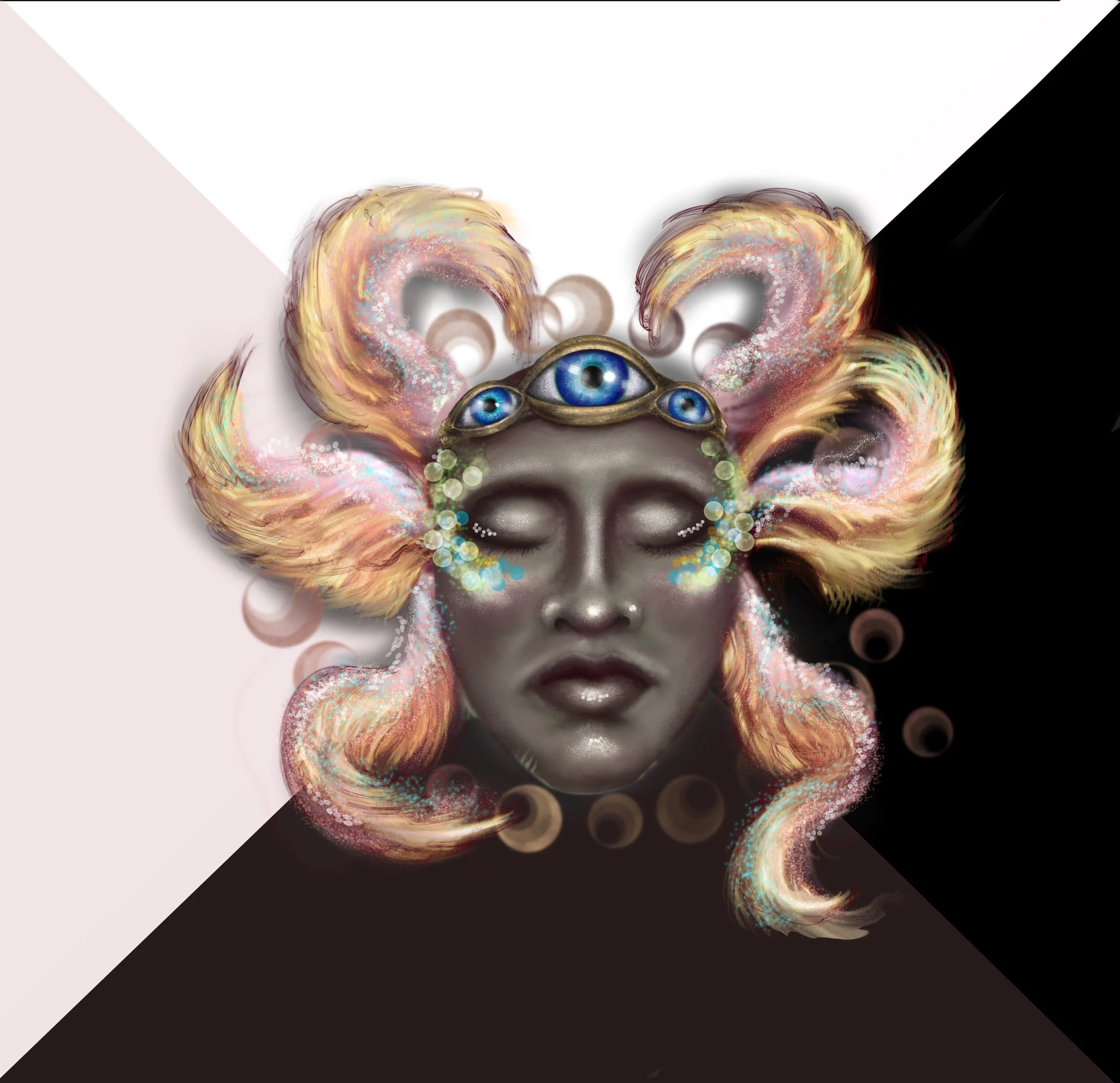 A fantasy digital artwork of a woman's face with closed eyes, silver skin, and long flowing pastel-colored hair resembling flames. She wears a crown with three blue eyes and sparkles around her face.
