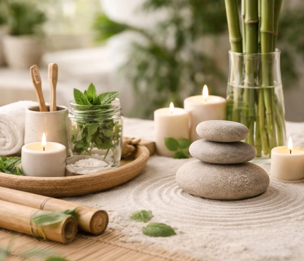 Zen garden with mint leaves, candles, rocks, bamboo, and toothbrushes.