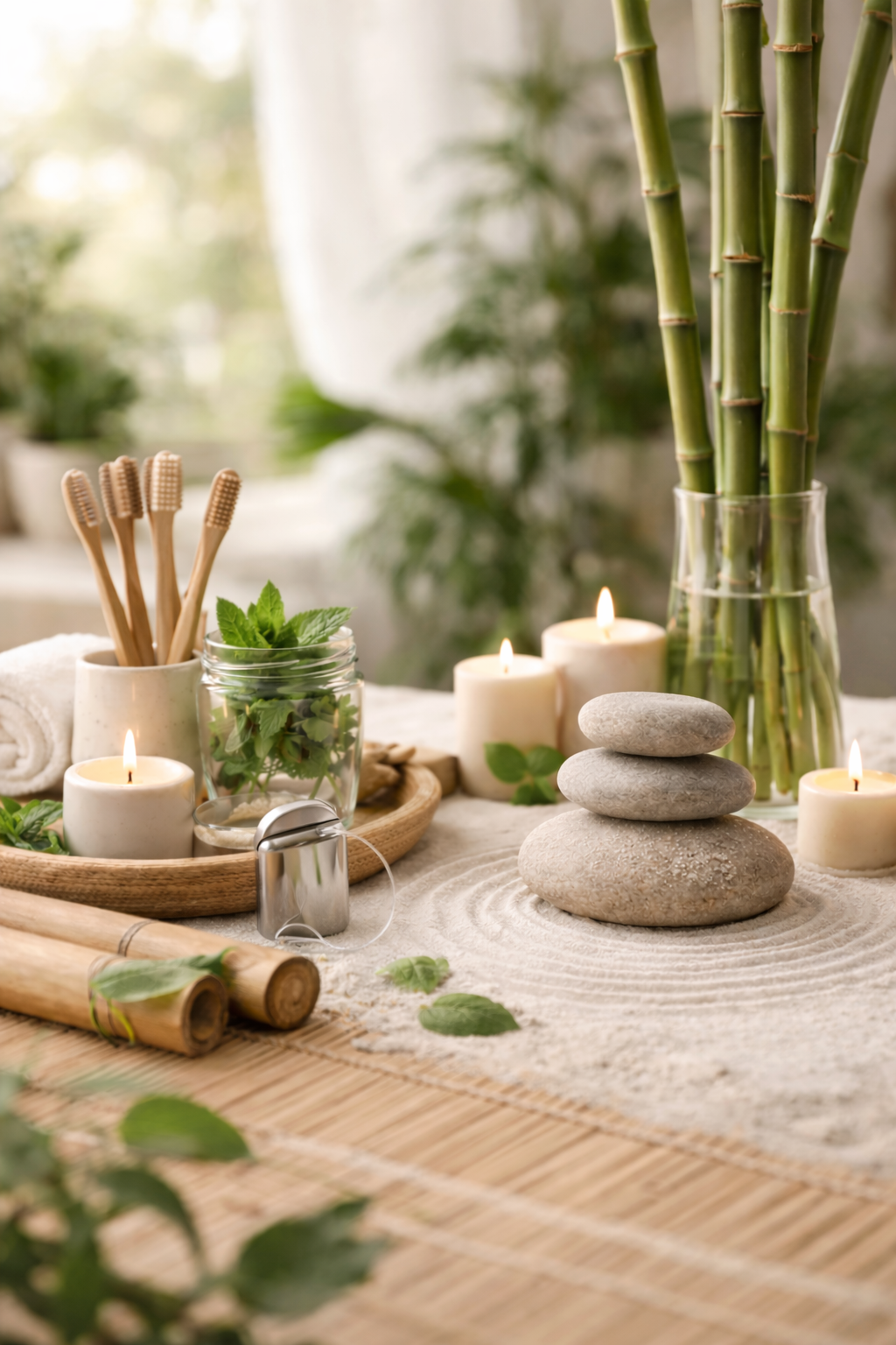 Bamboo stalks in a glass vase, candles, peace stones, mint leaves, floss, toothbrushes, and bamboo utensils on a textured cloth with a blurred green background.