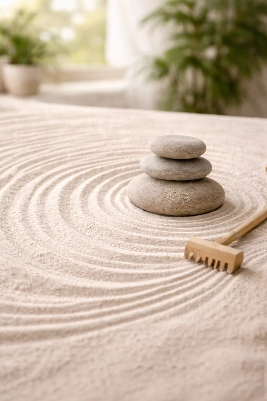 Three stacked smooth stones on striped sand with a wooden rake nearby, in a tranquil Zen garden setting.