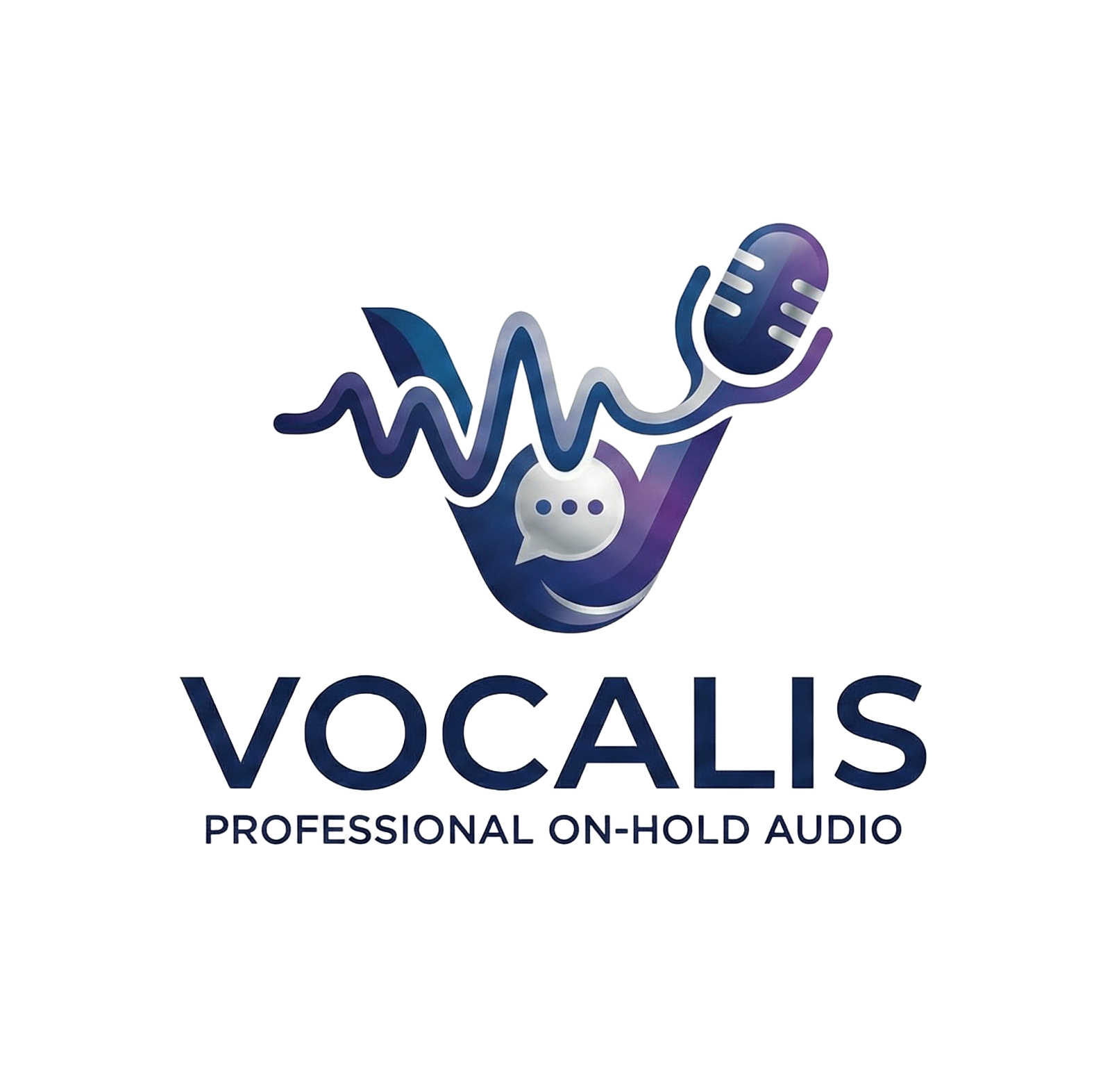 Logo for Vocalis, featuring a microphone with sound waves and speech bubble, with the tagline 'Professional On-Hold Audio'.