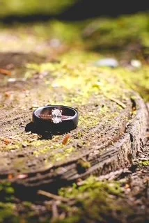 A silver ring with a central diamond on a mossy tree stump in a forest.