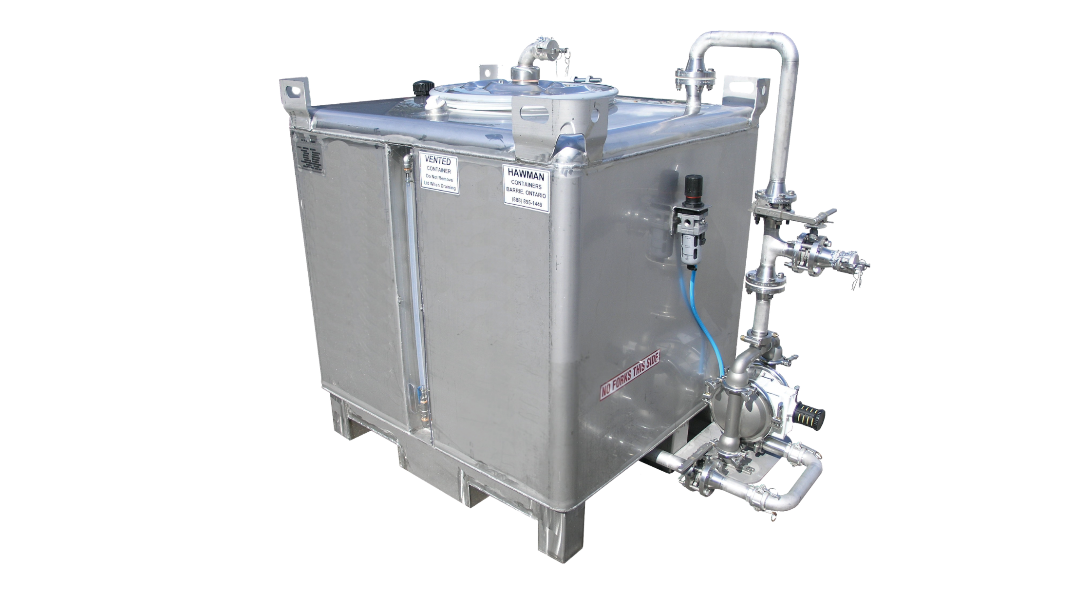 Industrial stainless steel IBC tote tank with pipes, gauges, and valves, used for processing or storing liquids. Custom IBC totes and IBC tank solutions.