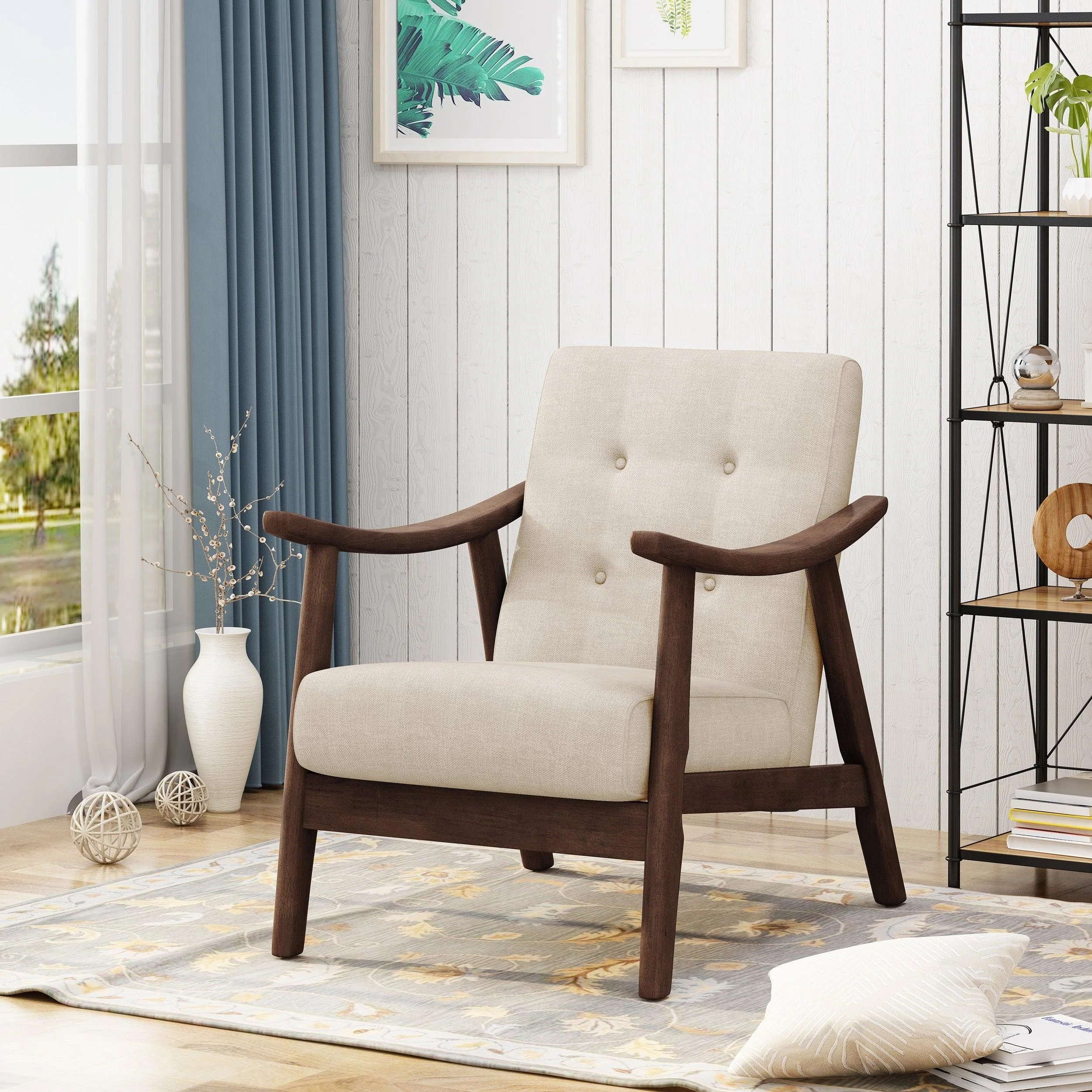 Mid-Century Modern Accent Chair, Tufted Armchair With Beige Upholstery and Brown Frame, 1-Piece