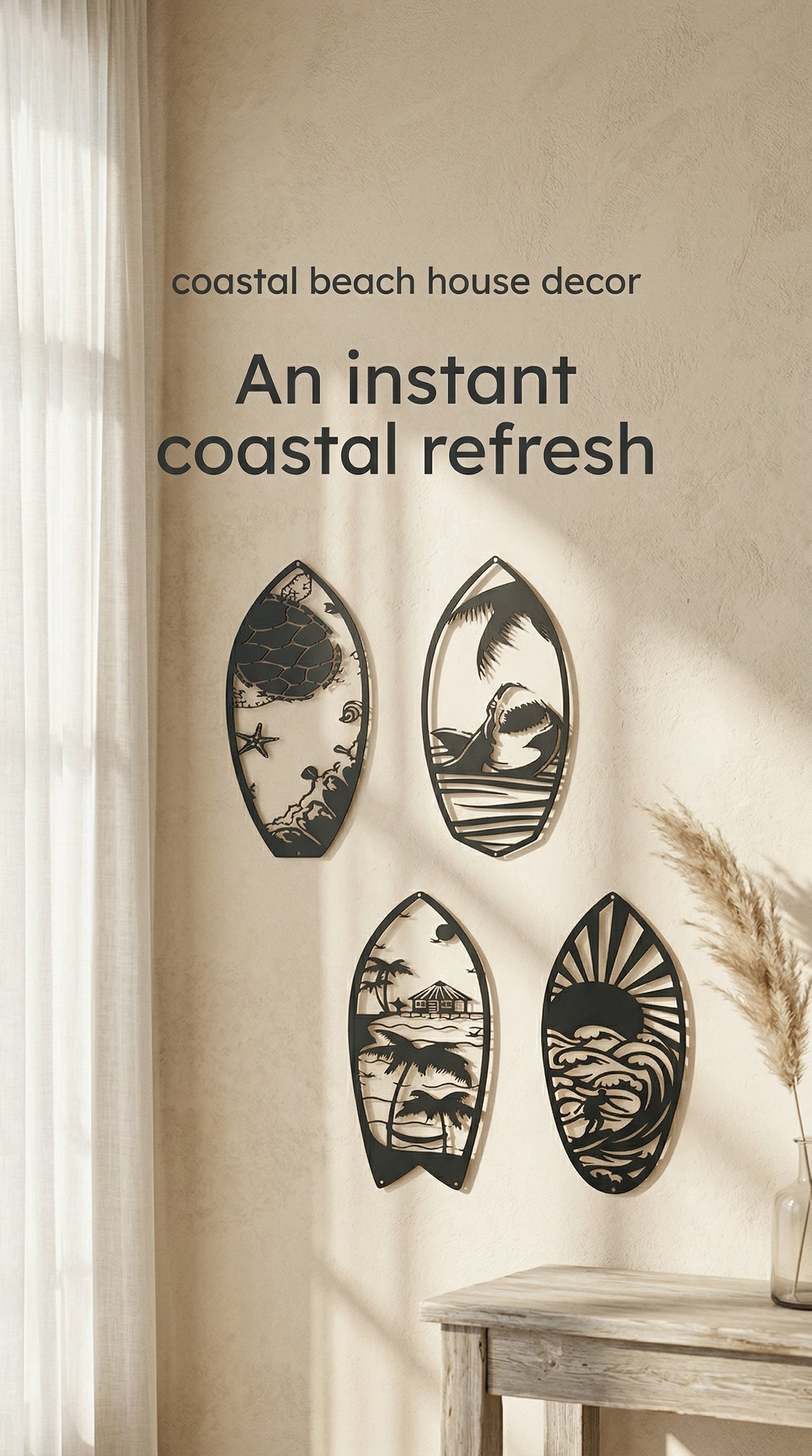 Decorative black coastal beach-themed wall art with tropical scenes, overlooking a beach house.