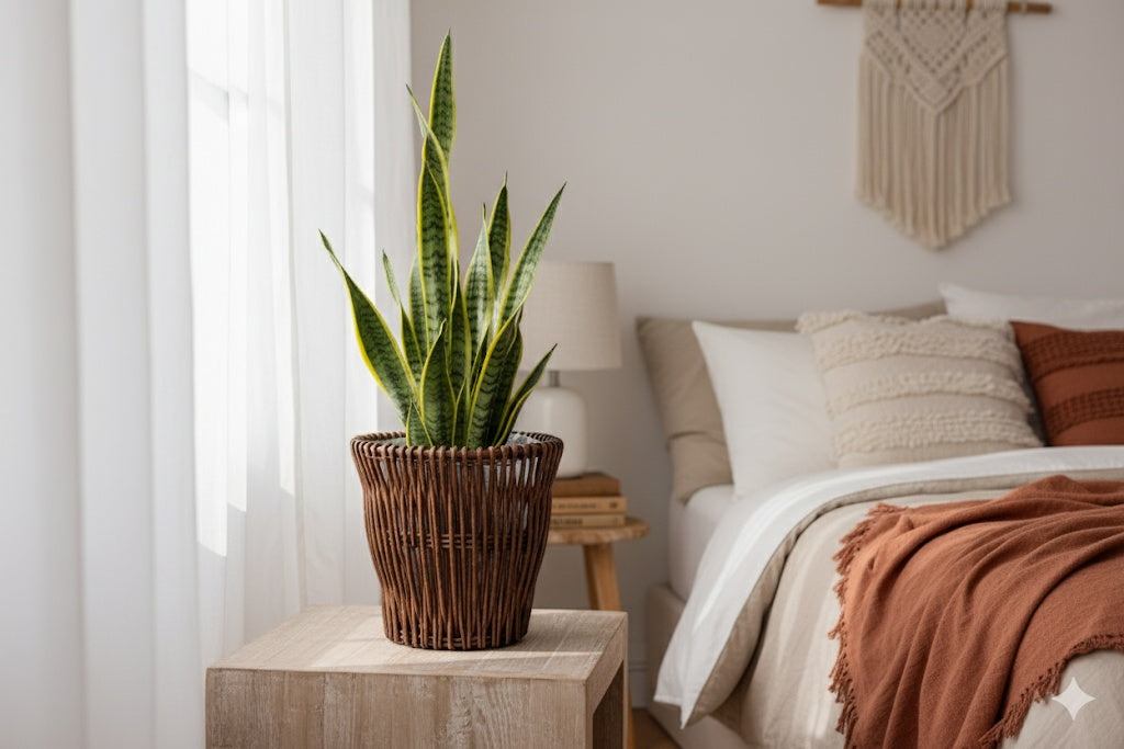 A potted snake plant on a small wooden table next to a bed with white and beige bedding and rust-colored pillows, in a bedroom with white walls and sheer curtains.