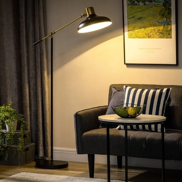 A cozy living room corner with a dark gray sofa, a striped pillow, a white round coffee table with a green bowl, a tall black floor lamp with a brass arm, a framed colorful landscape painting on the wall, and gray curtains with a potted plant on a wi