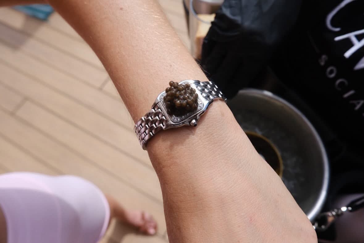 A person's wrist wearing a silver watch with a cluster of small brown berries on the watch face.