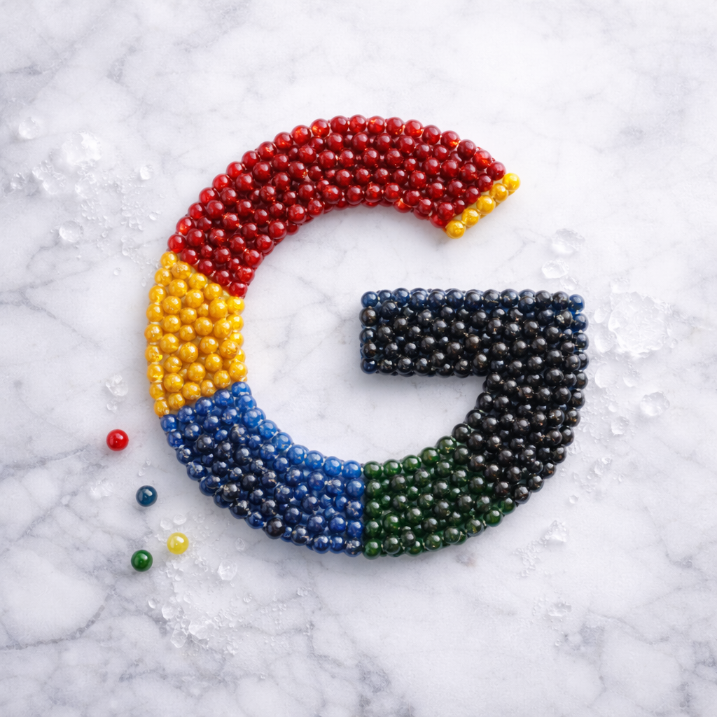 Colorful Google logo made from assorted candies on a marble surface with small scattered candies and ice.
