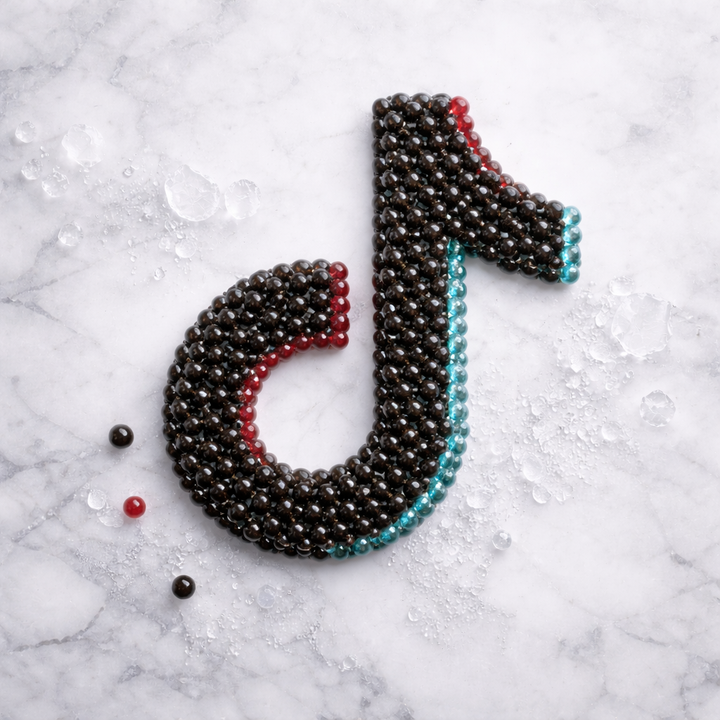 A number 4 arrow shape made from small black, red, and blue beads on a white marble surface with a few scattered water droplets.